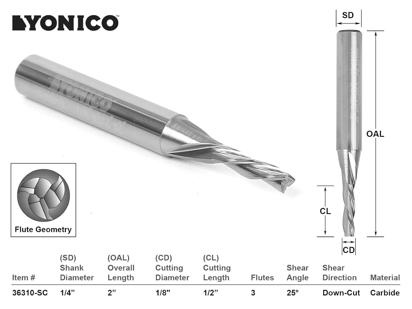 Downcut Router Bits Spiral 3 Flute Solid Carbide CNC Low Helix End Mill 1/8-Inch Dia. 1/4-Inch Shank 36310-SC