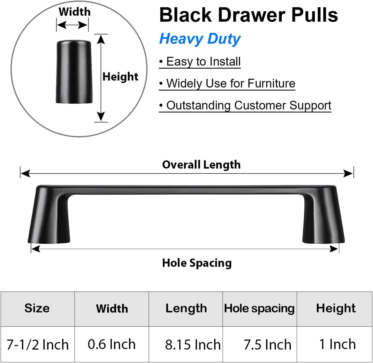 10 Pack Black Cabinet Pulls Black Kitchen Cabinet Handles - Hole Spacing 7-1/2 Inch Cabinet Pulls Black and Black Pulls for Cabinets, Black Dresser Handles and Cupboard Handles