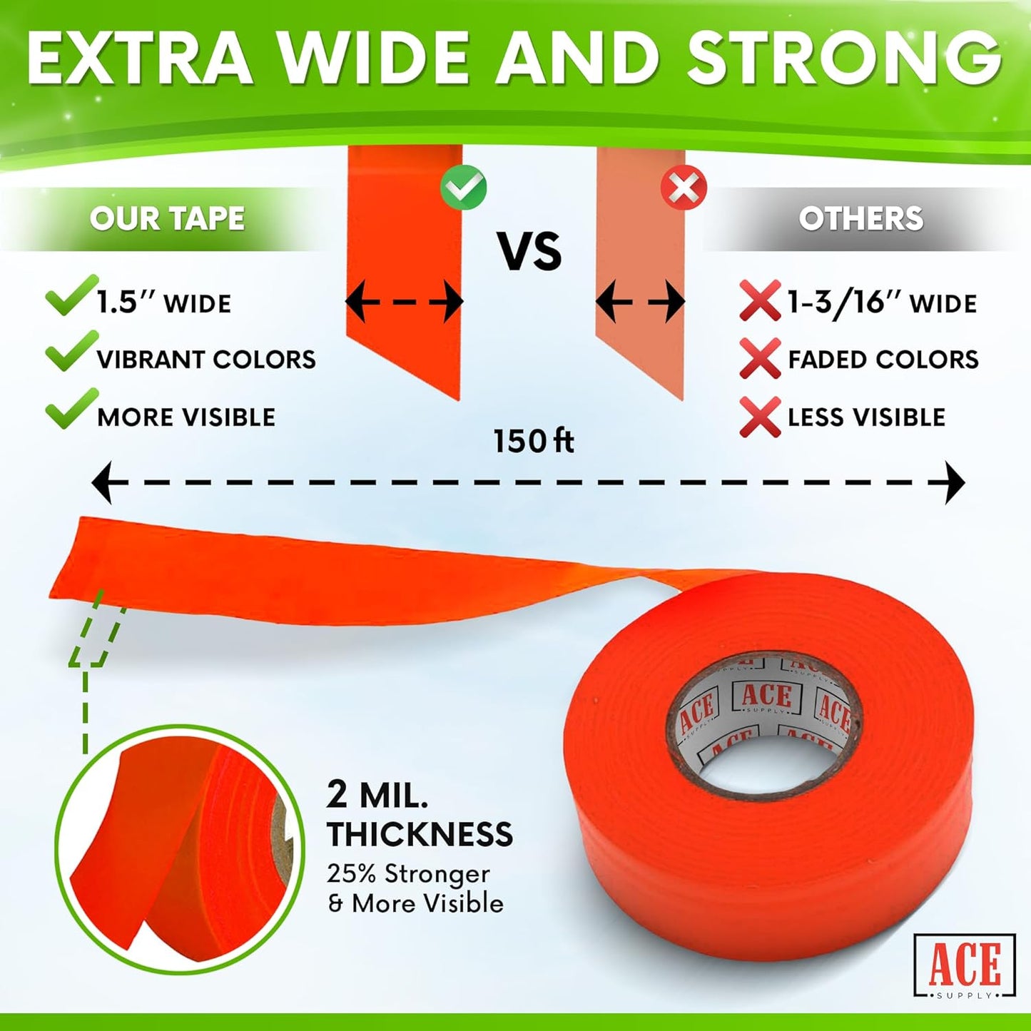 Orange Flagging Tape 24 Pack - Non-Adhesive Survey Tape - 1.5 Inch Width, 150 Ft Length, 2 Mil - Tree Marking Ribbon, Surveyors Ribbon