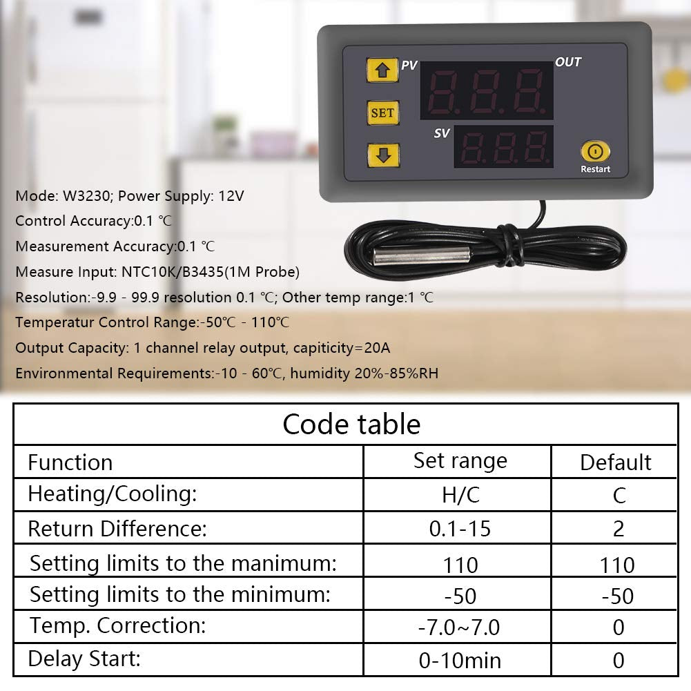 Digital Temperature Controller, W3230 AC110-220V LED Digital Temperature Controller Thermostat Switch Sensor Meter(220V)