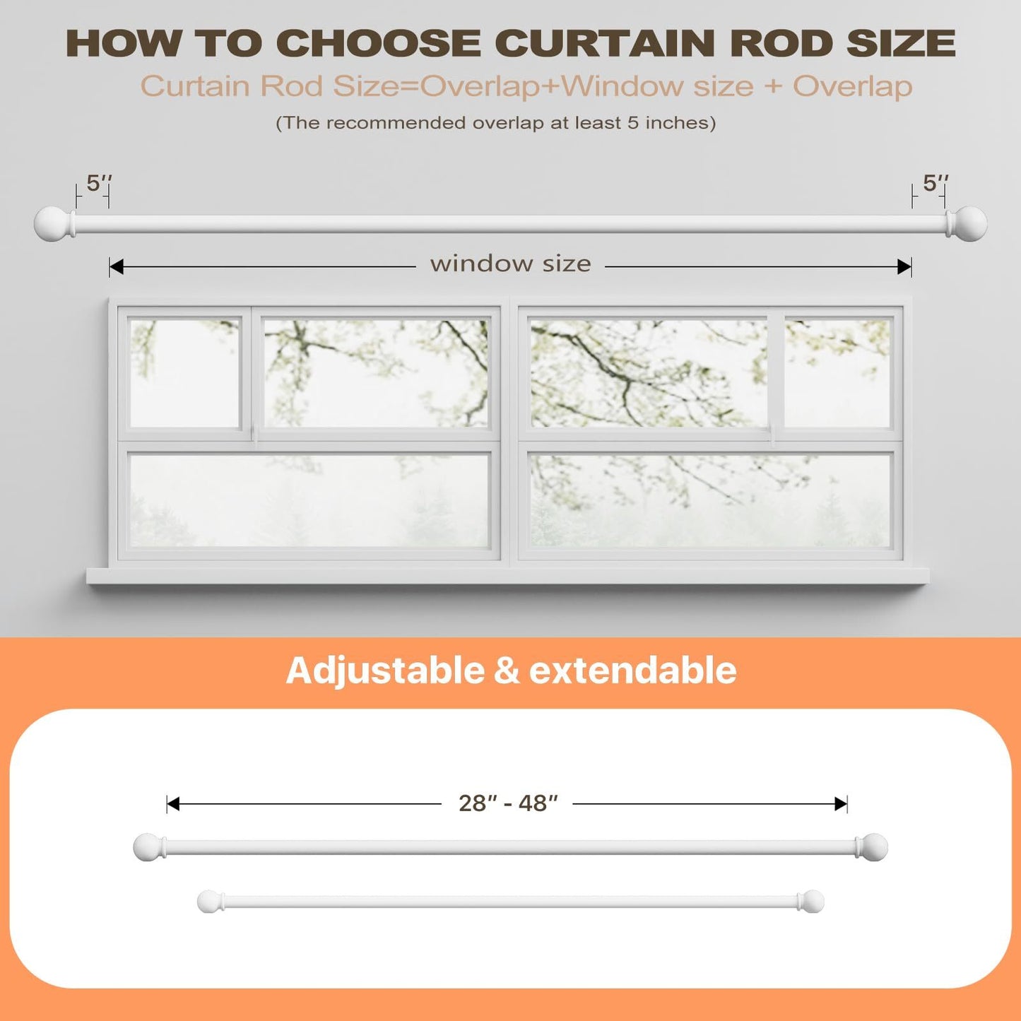 White Curtain Rods for Windows 28-48 Inch, 2 Pack 5/8" Curtain Rod Set with B...