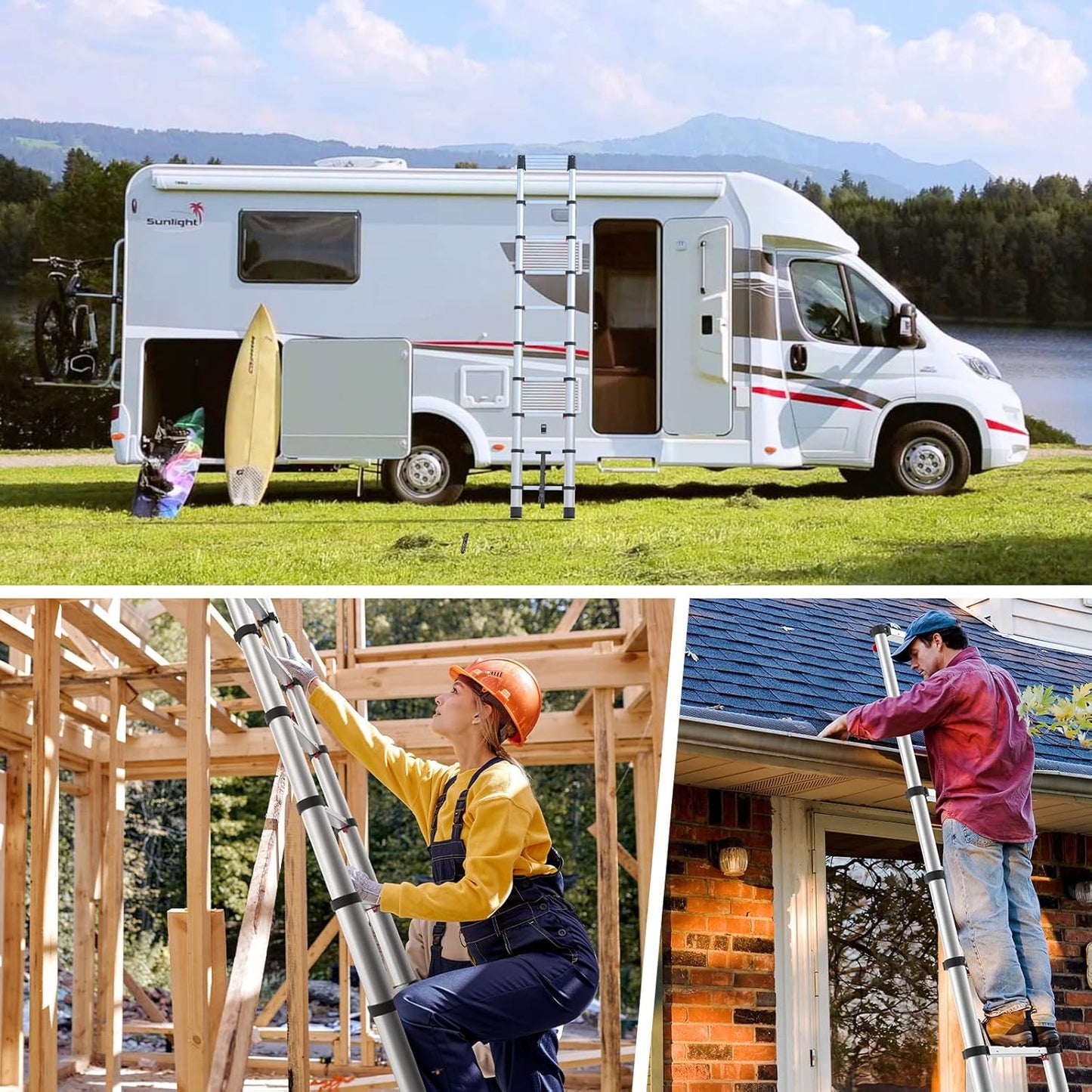 Telescoping Ladder, 8.5Ft Extension Ladder Telescopic Stepladder One-Button Retraction 330Lbs Max Capacity, Multi Position RV Ladder for Indoor & Outdoor Work