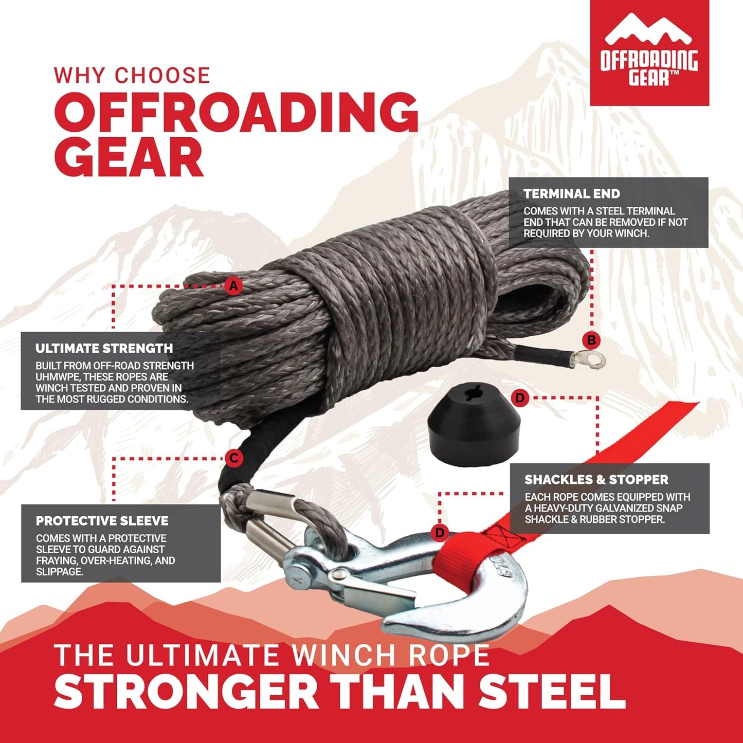 50'X1/4” 4X4 Heavy-Duty Synthetic Winch Rope Kit 6,400Lbs | Replacement for Cable Wire | Jeep| ATV| Quad Bike| UTV | Free Snap Hook & Rubber Stopper