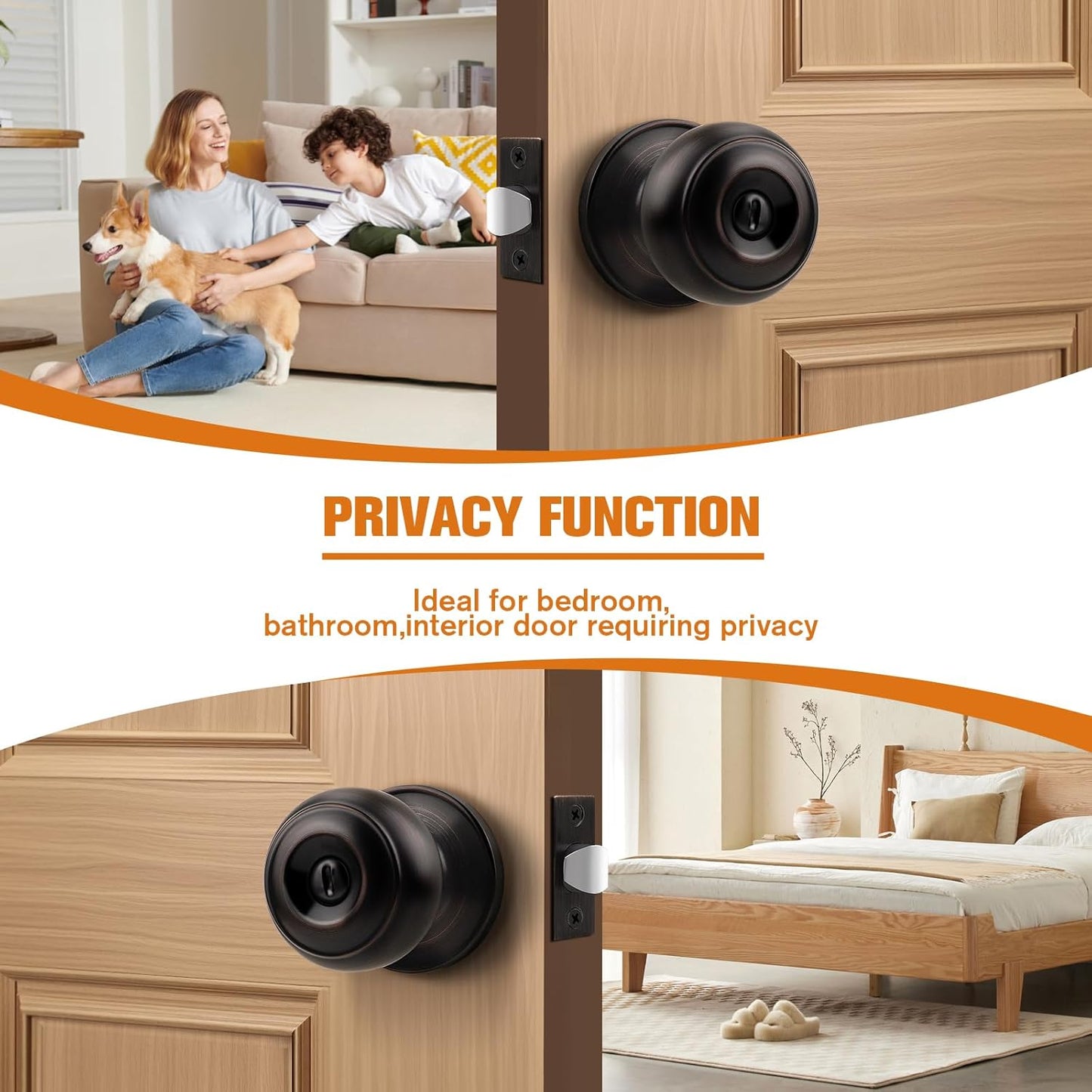 Flat Ball Door Knob Interior Oil Rubbed Bronze Door Knobs for Bedroom Bathroom with Privacy Function inside Door Handles without Key 2 Pack