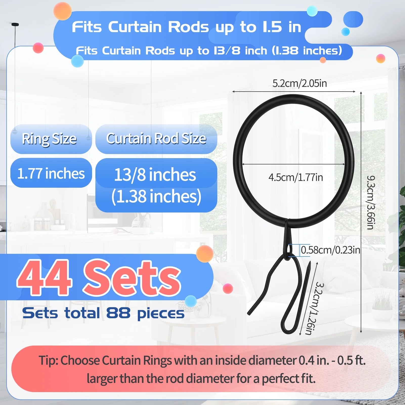 44 Pack Metal Drapery Curtain Rings, 1.75 Inch Inner Diameter, Heavy Duty Rustproof Metal Drapery Rings with Pinch Pleat Curtain Hooks, Decorative Clips Rings Fits up to 1.5" Rods