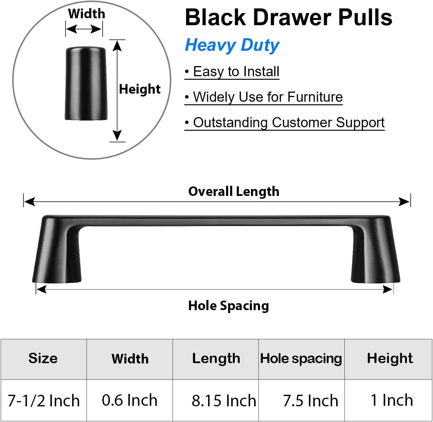 10 Pack Black Cabinet Pulls Black Kitchen Cabinet Handles - Hole Spacing 7-1/2 Inch Cabinet Pulls Black and Black Pulls for Cabinets, Black Dresser Handles and Cupboard Handles