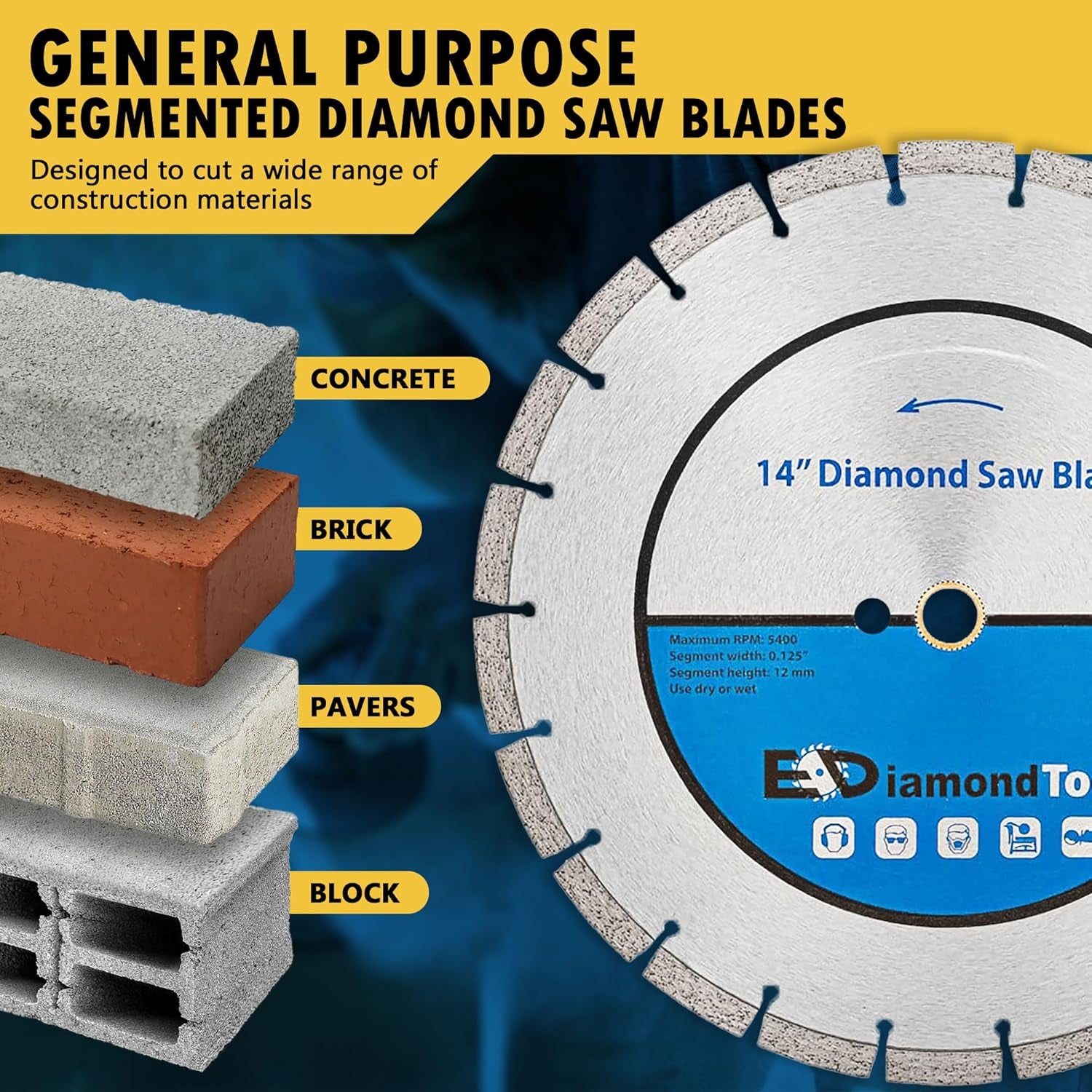 14" Segmented Diamond Saw Blade for Concrete, Brick, Block and Masonry, 12Mm Segment Height, 1" Arbor, 3-Pack