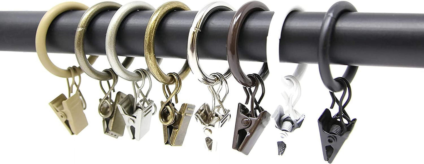 1" Metal Curtain Rod Rings with Clips and Eyelets, Fits up to 3/4″ Rod – Durable Drapery Rings for Smooth Gliding & Secure Grip, 40 Pieces, Pewter