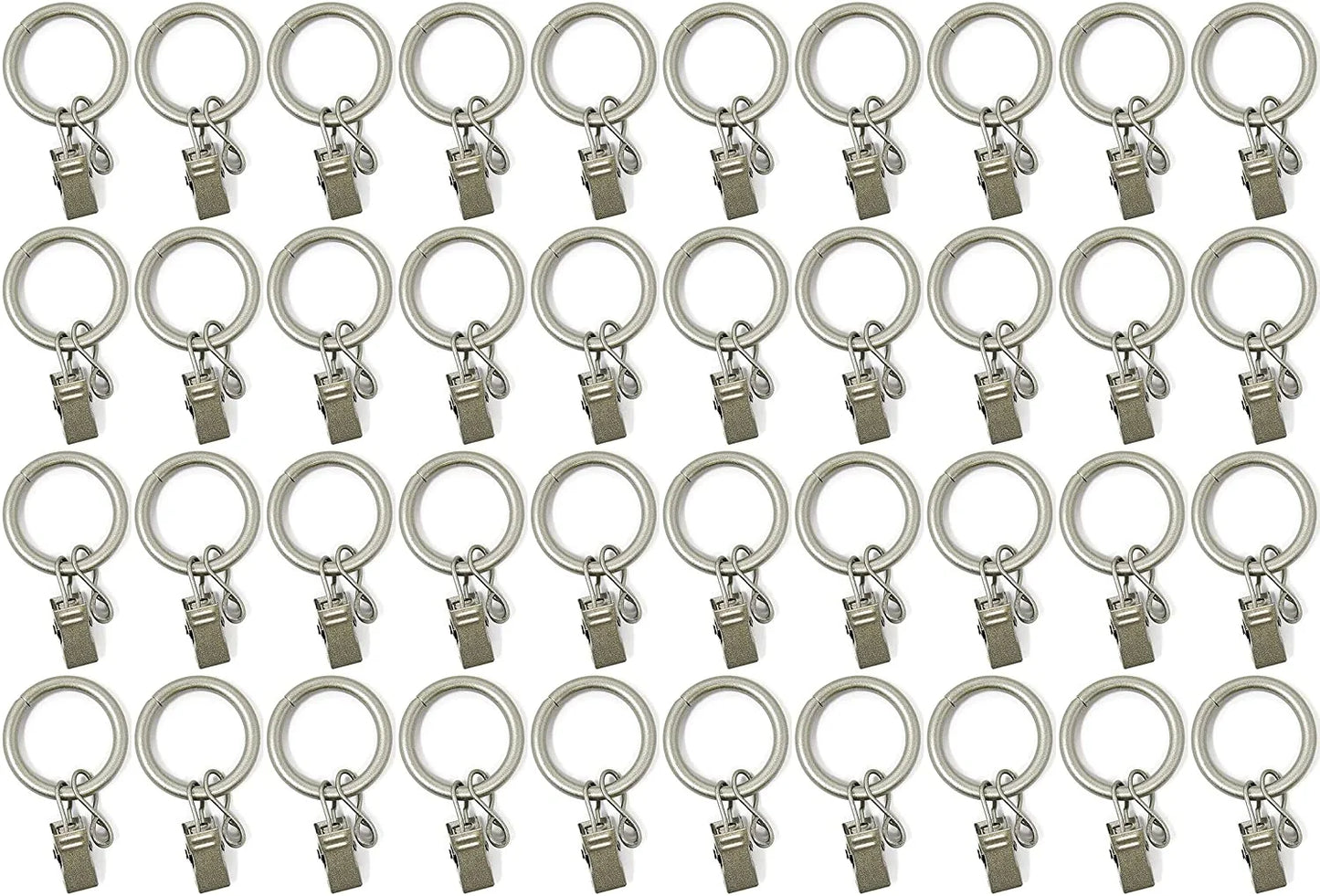 1" Metal Curtain Rod Rings with Clips and Eyelets, Fits up to 3/4″ Rod – Durable Drapery Rings for Smooth Gliding & Secure Grip, 40 Pieces, Pewter