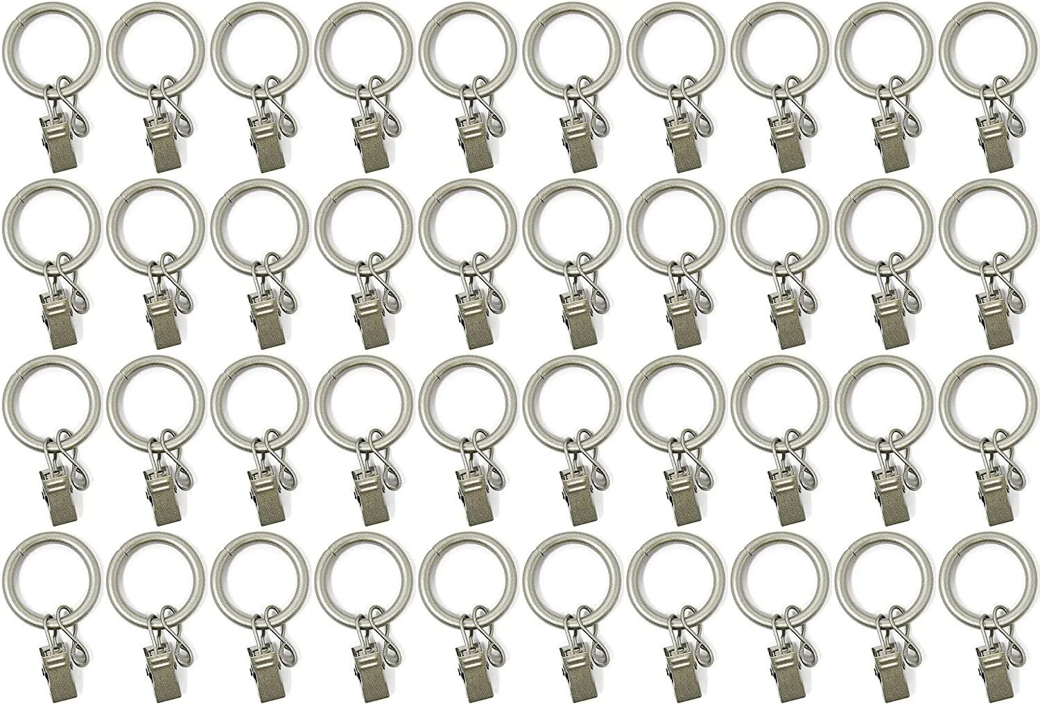 1" Metal Curtain Rod Rings with Clips and Eyelets, Fits up to 3/4″ Rod – Durable Drapery Rings for Smooth Gliding & Secure Grip, 40 Pieces, Pewter