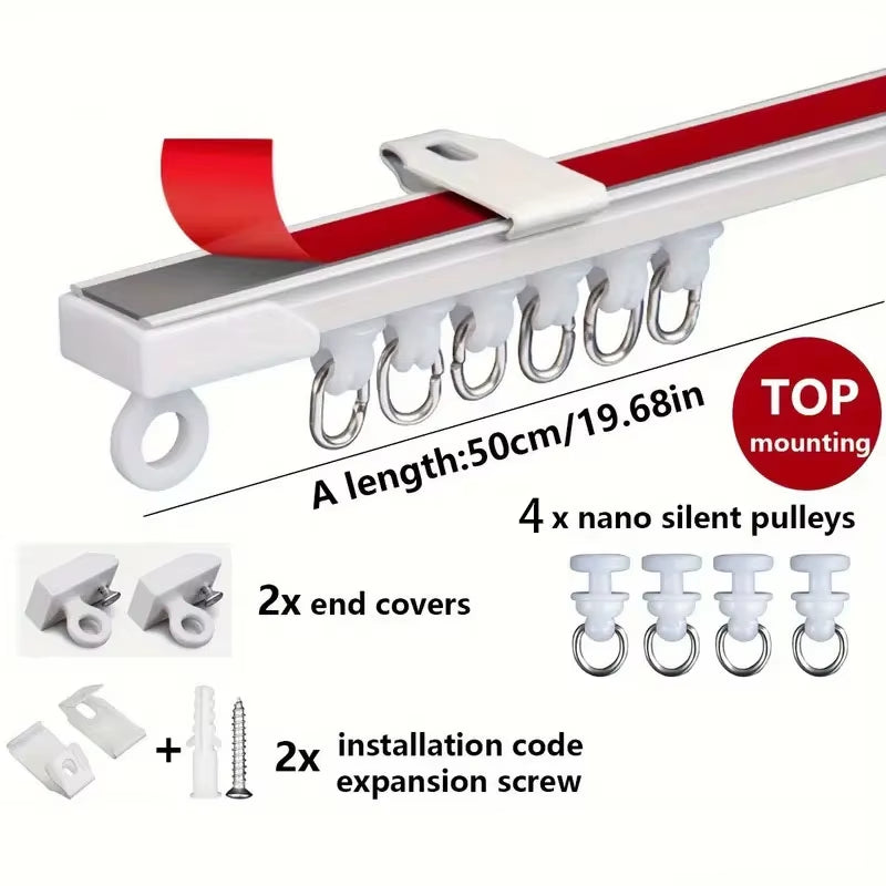 Self Adhesive or Perforated Dual-Purpose Curtain Track Ceiling or Wall Mount Nano Silent Curtain Slide Rod for Curtains and Cabi
