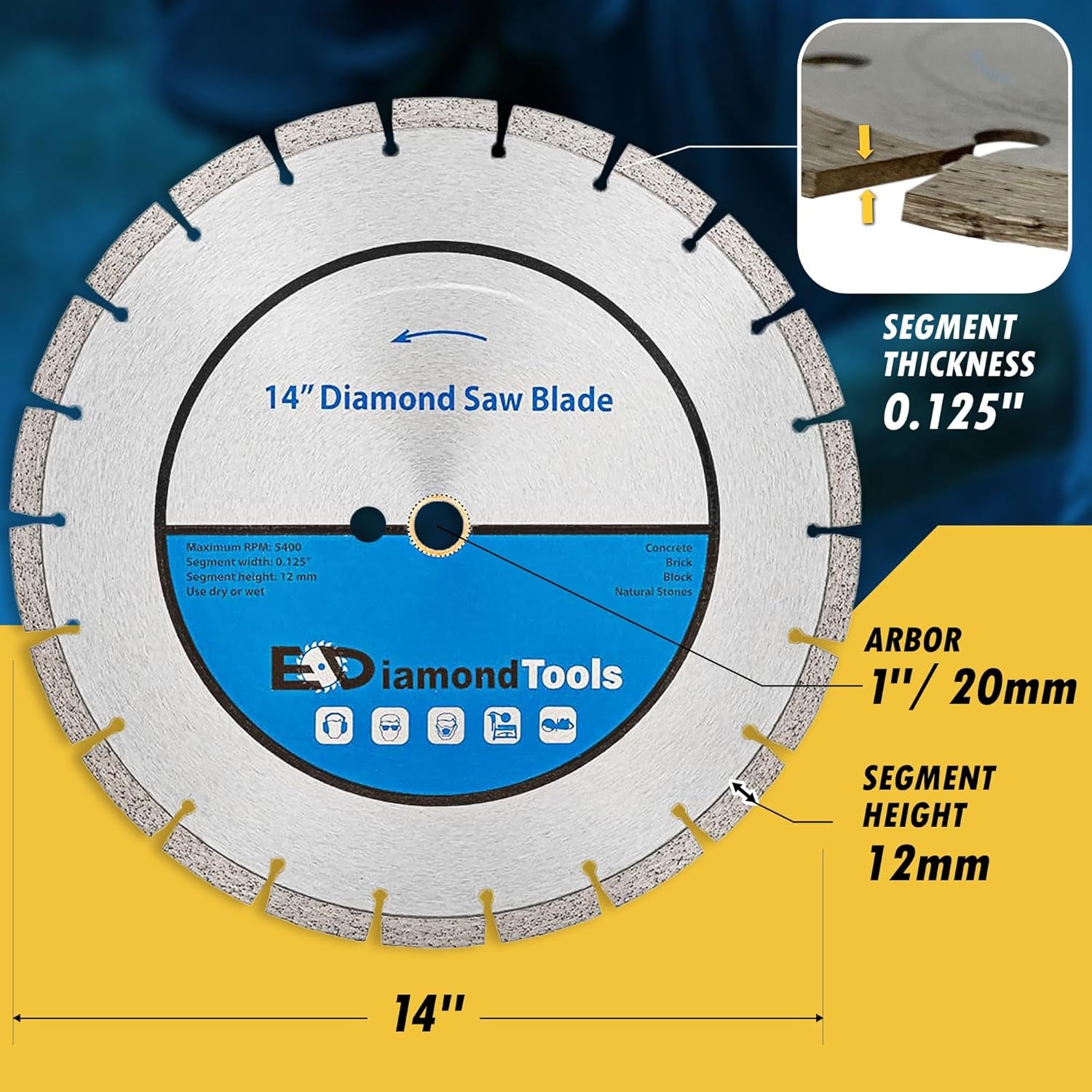 14" Segmented Diamond Saw Blade for Concrete, Brick, Block and Masonry, 12Mm Segment Height, 1" Arbor, 3-Pack