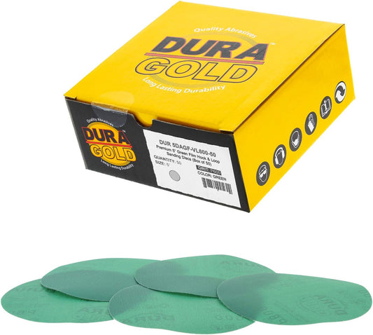 Premium 5" Green Film Sanding Discs - 600 Grit (Box of 50) - Hook & Loop Backing Sandpaper Discs for DA Sanders, Finishing Fine Cut Abrasive - Sand Automotive Car Paint, Woodworking Wood