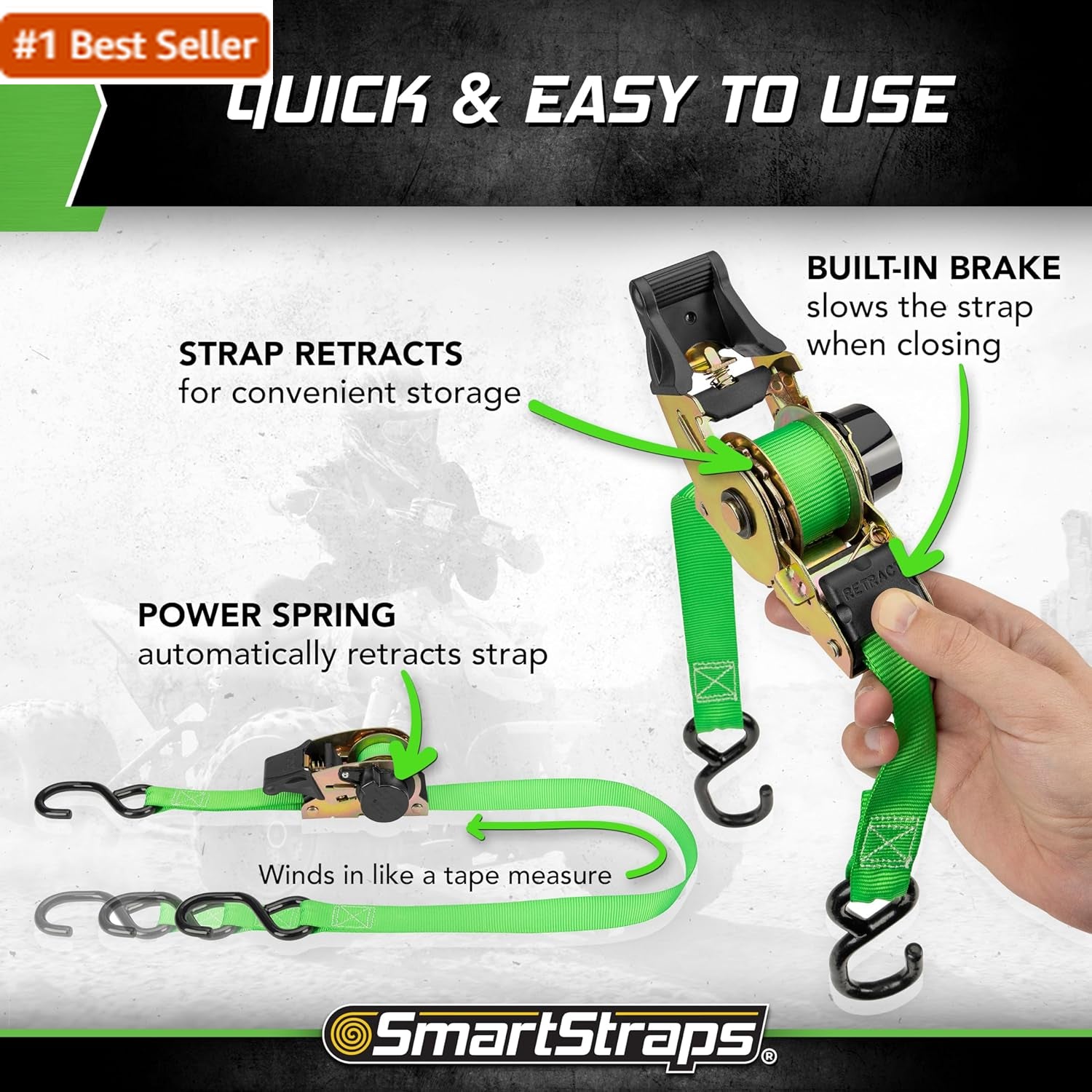 SMARTSTRAPS Retractable Ratchet Tie down Straps (4 PK) 1,500Lb Break Strength, 5