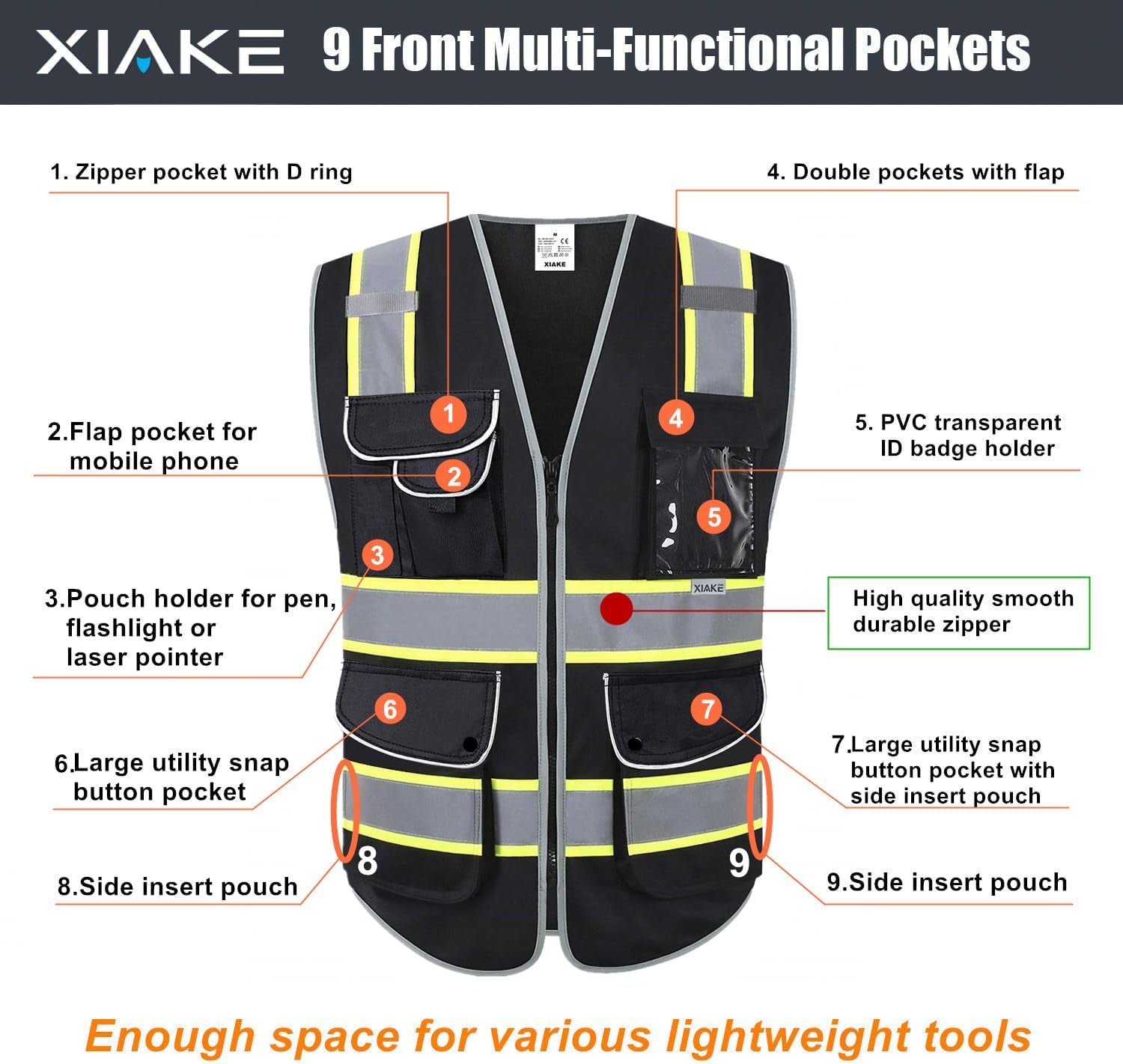 9 Pockets Class 2 High Visibility Reflective Safety Vest for Men Women Work Construction Vest