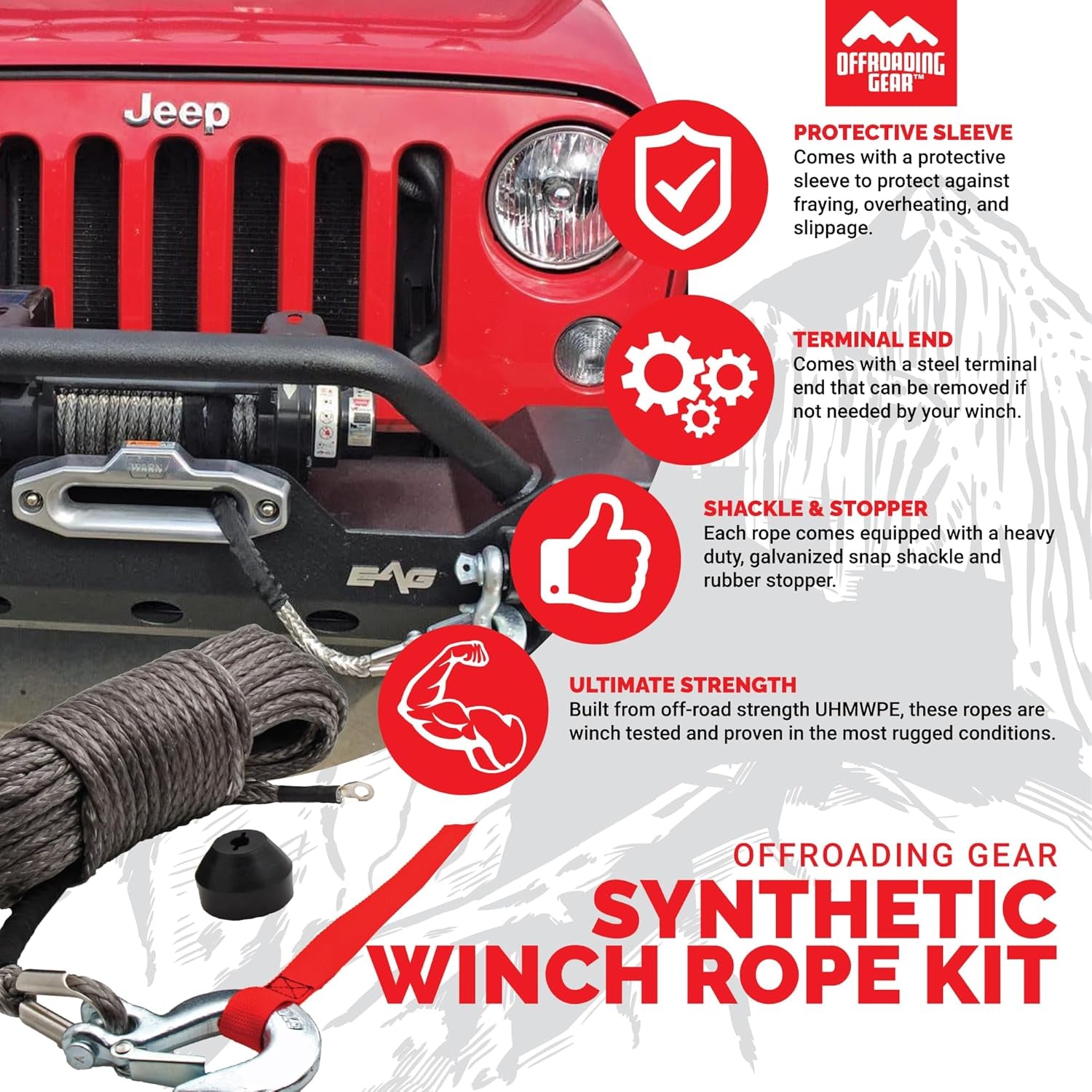50'X1/4” 4X4 Heavy-Duty Synthetic Winch Rope Kit 6,400Lbs | Replacement for Cable Wire | Jeep| ATV| Quad Bike| UTV | Free Snap Hook & Rubber Stopper