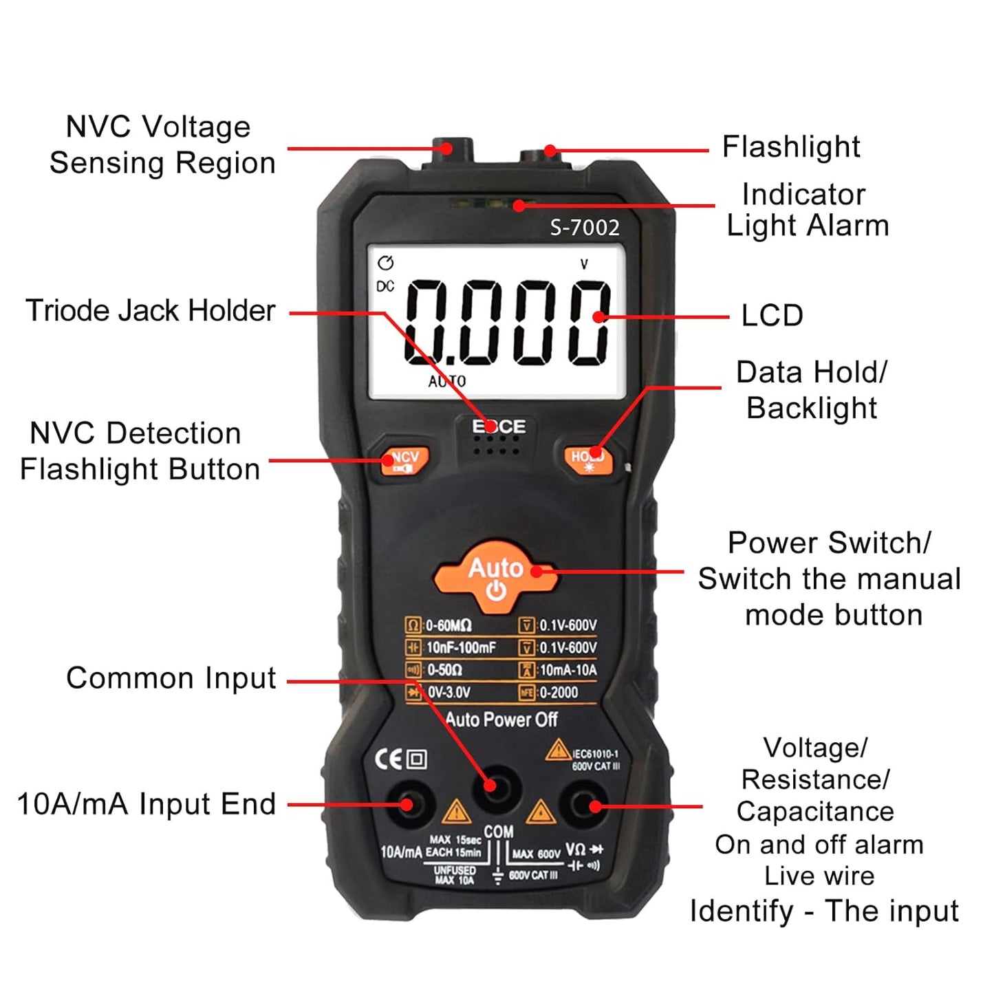 6000 Counts TRMS Digital Multimeter, Auto-Ranging Ohmmeter Voltage Tester with NCV Function for Measure Voltage Current Resistance Diodes Continuity, Black