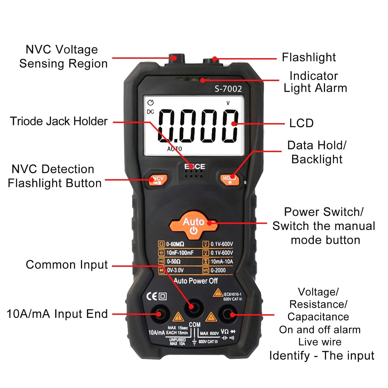 6000 Counts TRMS Digital Multimeter, Auto-Ranging Ohmmeter Voltage Tester with NCV Function for Measure Voltage Current Resistance Diodes Continuity, Black