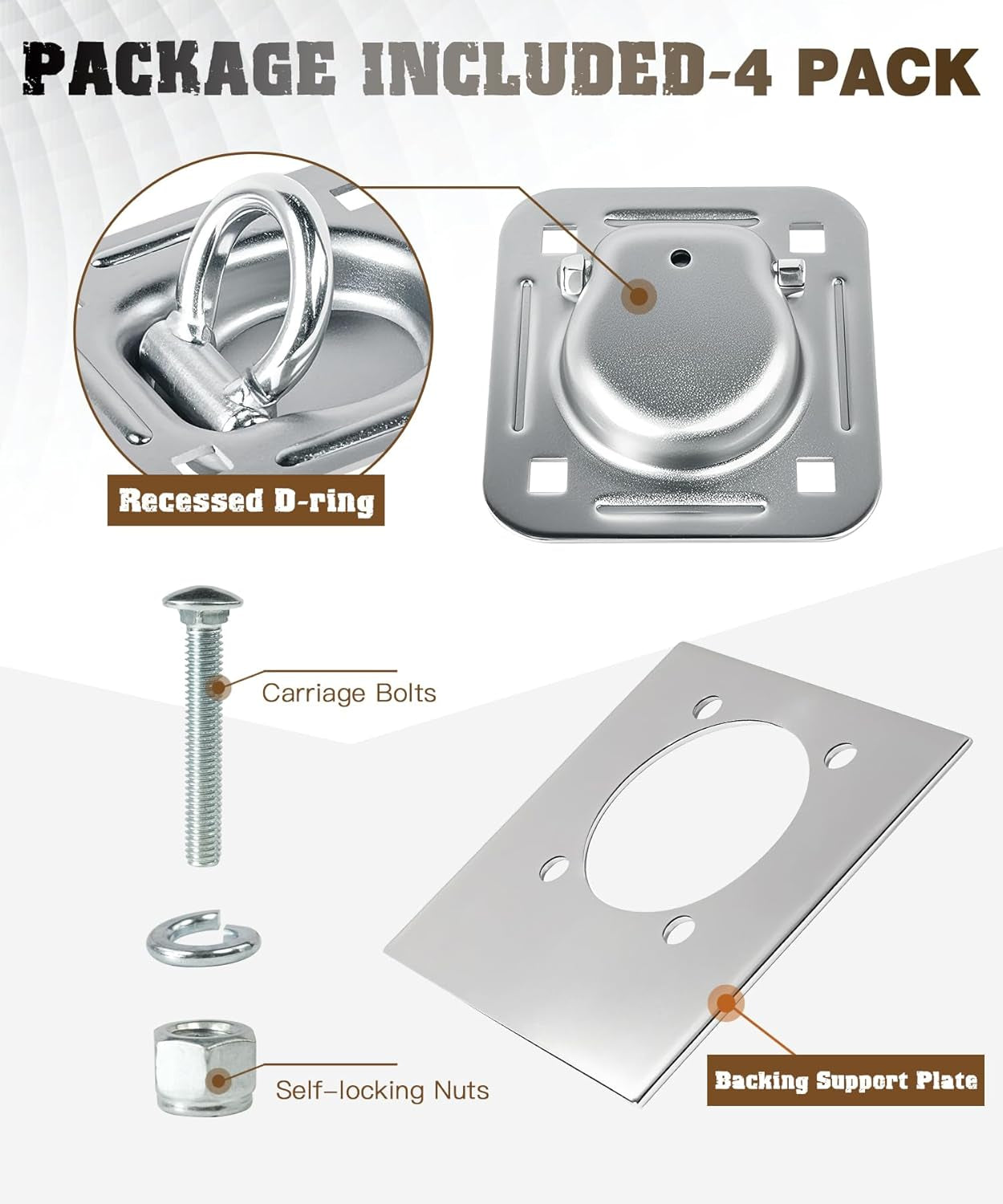 Recessed D Ring Tie down Anchors 4 Pack (6,000 Lbs), Heavy Duty Trailer Floor Ti