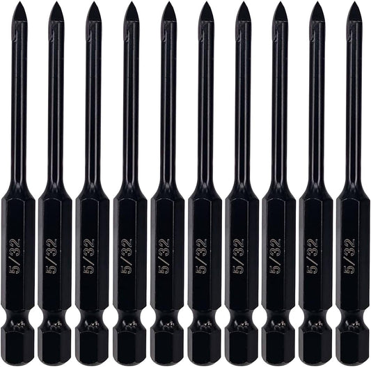 5/32 Inch Glass and Tile Drill Bit 10Pc Set, YG6X Tungsten Carbide Tipped Spear Cutter, 1/4 Hex Shank, Painted Surface, for Drilling Ceramic Mirror Wood Porcelain Brick Wall Bottle