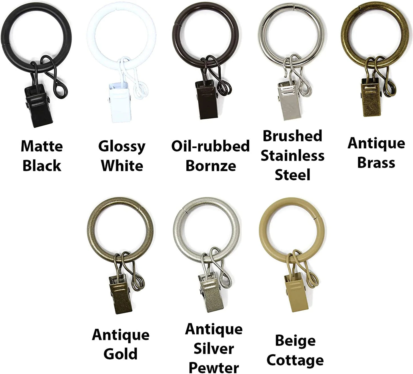 1" Metal Curtain Rod Rings with Clips and Eyelets, Fits up to 3/4″ Rod – Durable Drapery Rings for Smooth Gliding & Secure Grip, 40 Pieces, Pewter