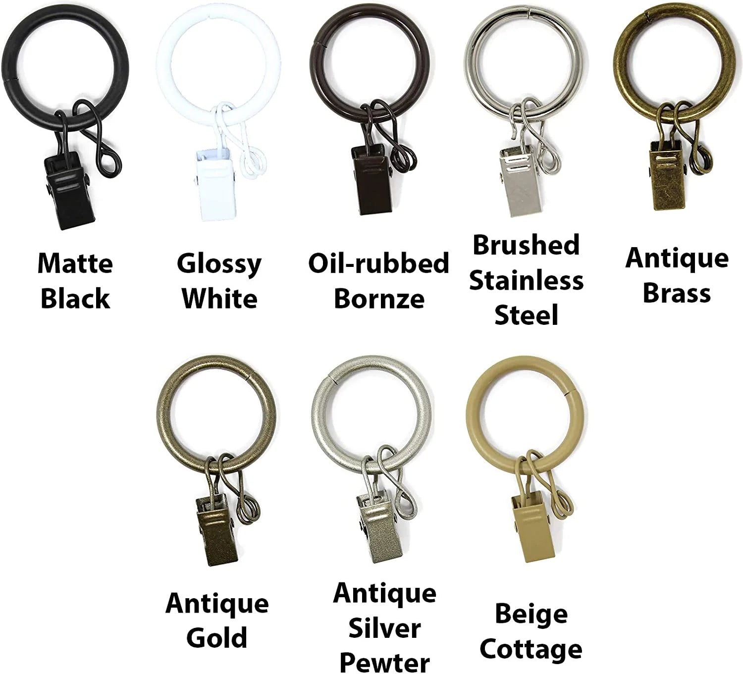 1" Metal Curtain Rod Rings with Clips and Eyelets, Fits up to 3/4″ Rod – Durable Drapery Rings for Smooth Gliding & Secure Grip, 40 Pieces, Pewter