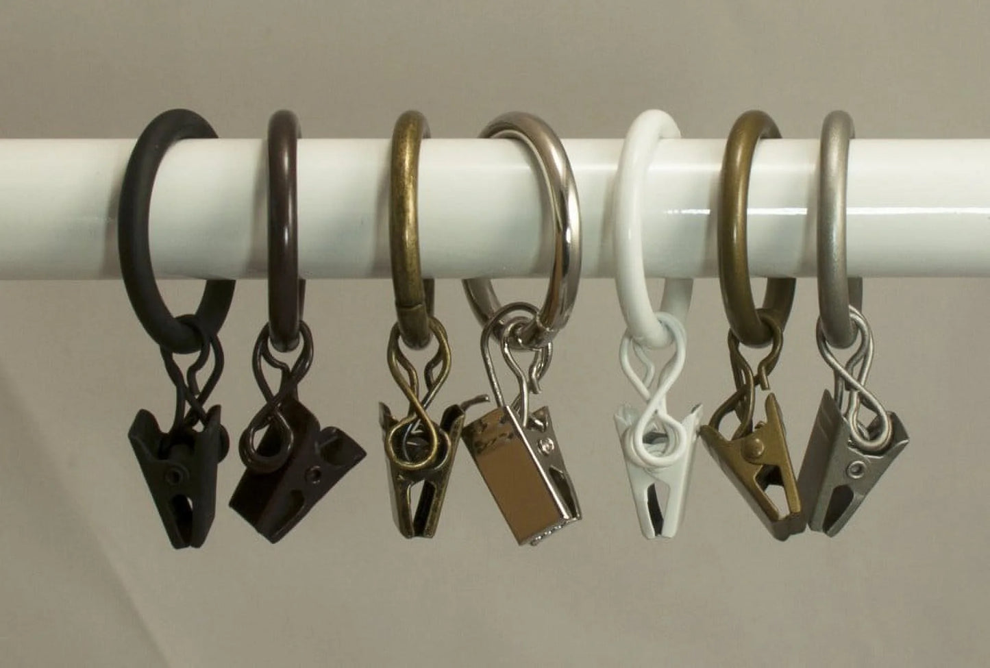 1" Metal Curtain Rod Rings with Clips and Eyelets, Fits up to 3/4″ Rod – Durable Drapery Rings for Smooth Gliding & Secure Grip, 40 Pieces, Pewter