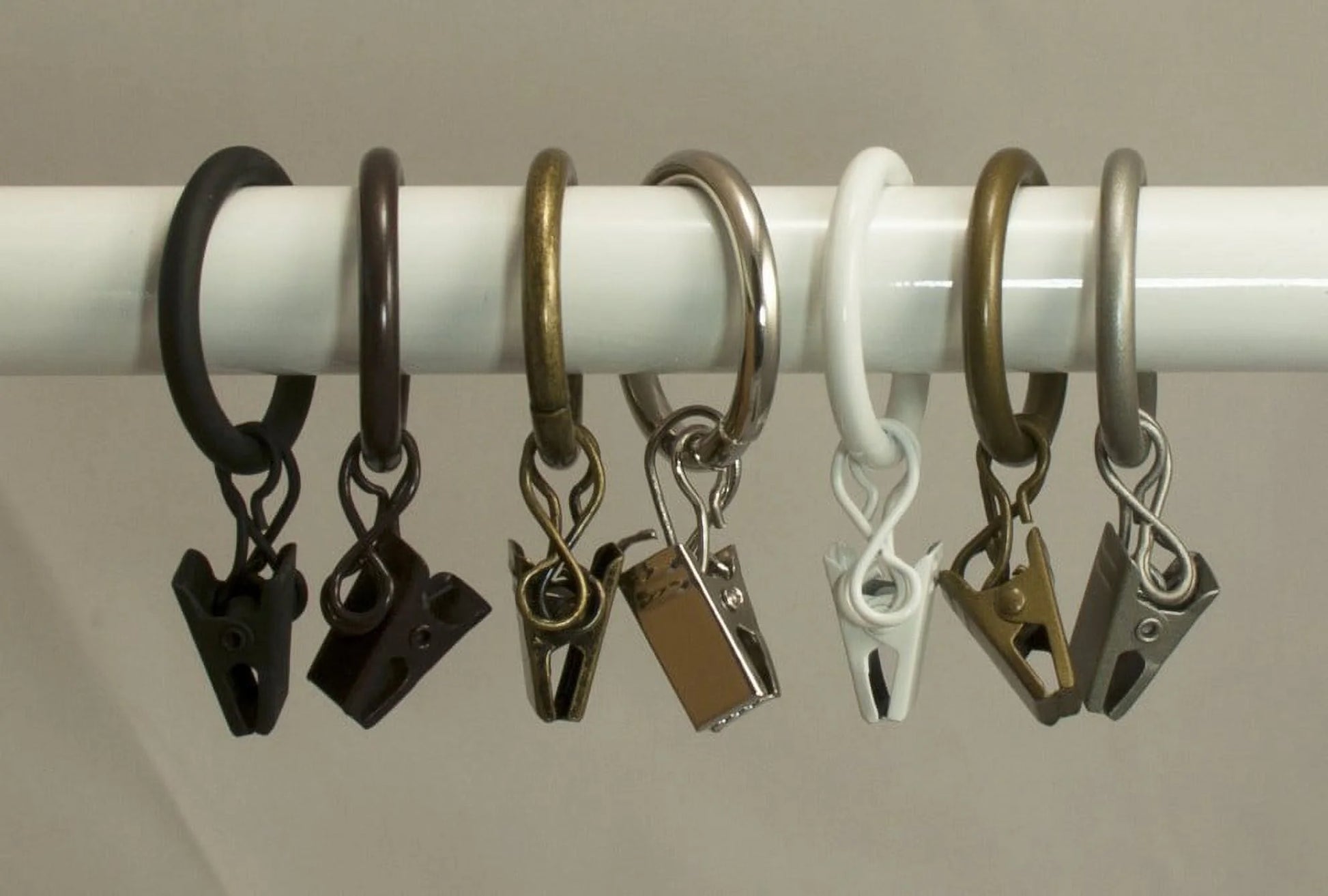 1" Metal Curtain Rod Rings with Clips and Eyelets, Fits up to 3/4″ Rod – Durable Drapery Rings for Smooth Gliding & Secure Grip, 40 Pieces, Pewter