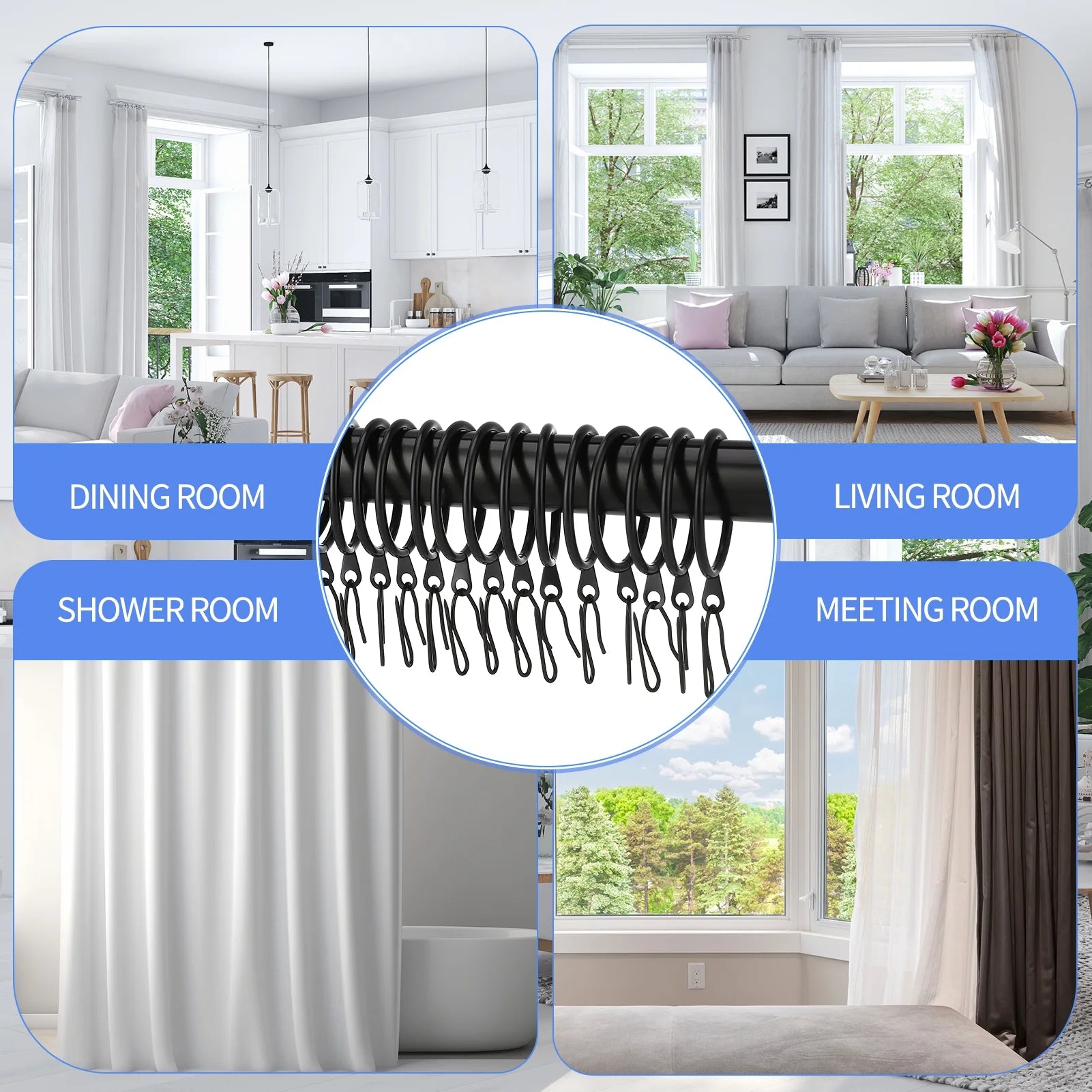 44 Pack Metal Drapery Curtain Rings, 1.75 Inch Inner Diameter, Heavy Duty Rustproof Metal Drapery Rings with Pinch Pleat Curtain Hooks, Decorative Clips Rings Fits up to 1.5" Rods