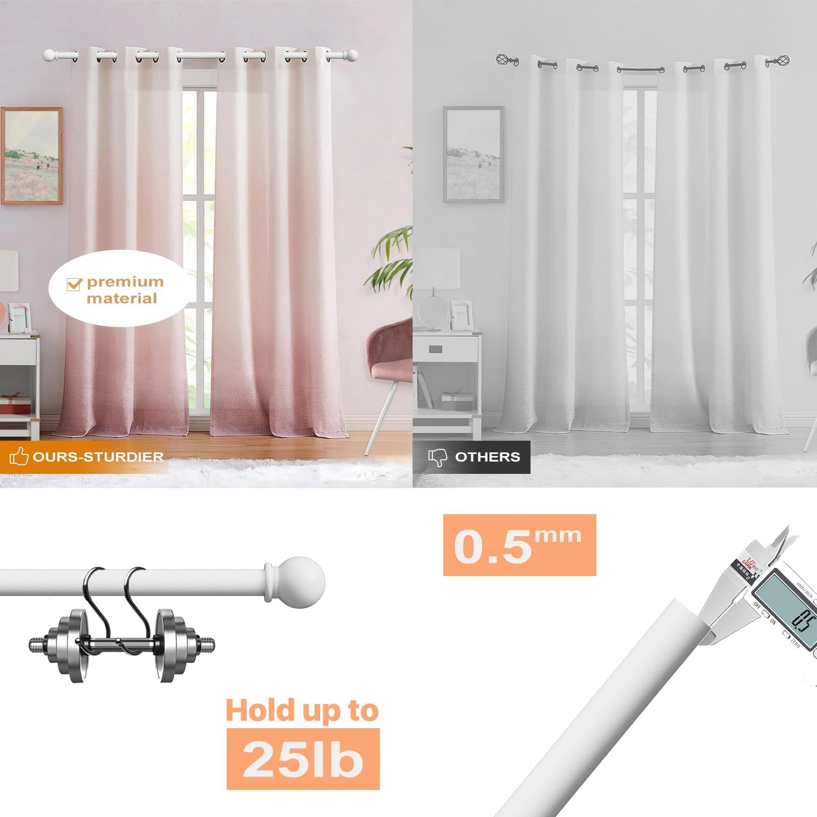 White Curtain Rods for Windows 28-48 Inch, 2 Pack 5/8" Curtain Rod Set with B...