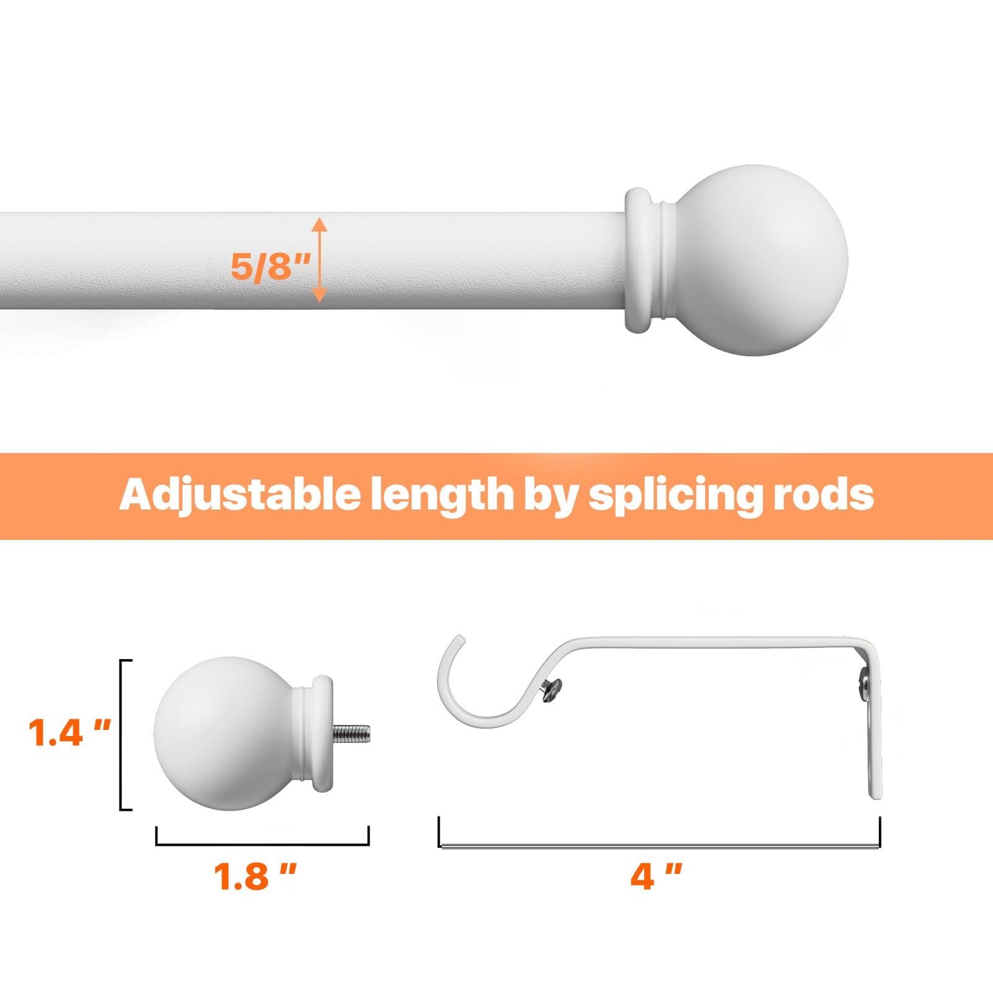 White Curtain Rods for Windows 28-48 Inch, 2 Pack 5/8" Curtain Rod Set with B...