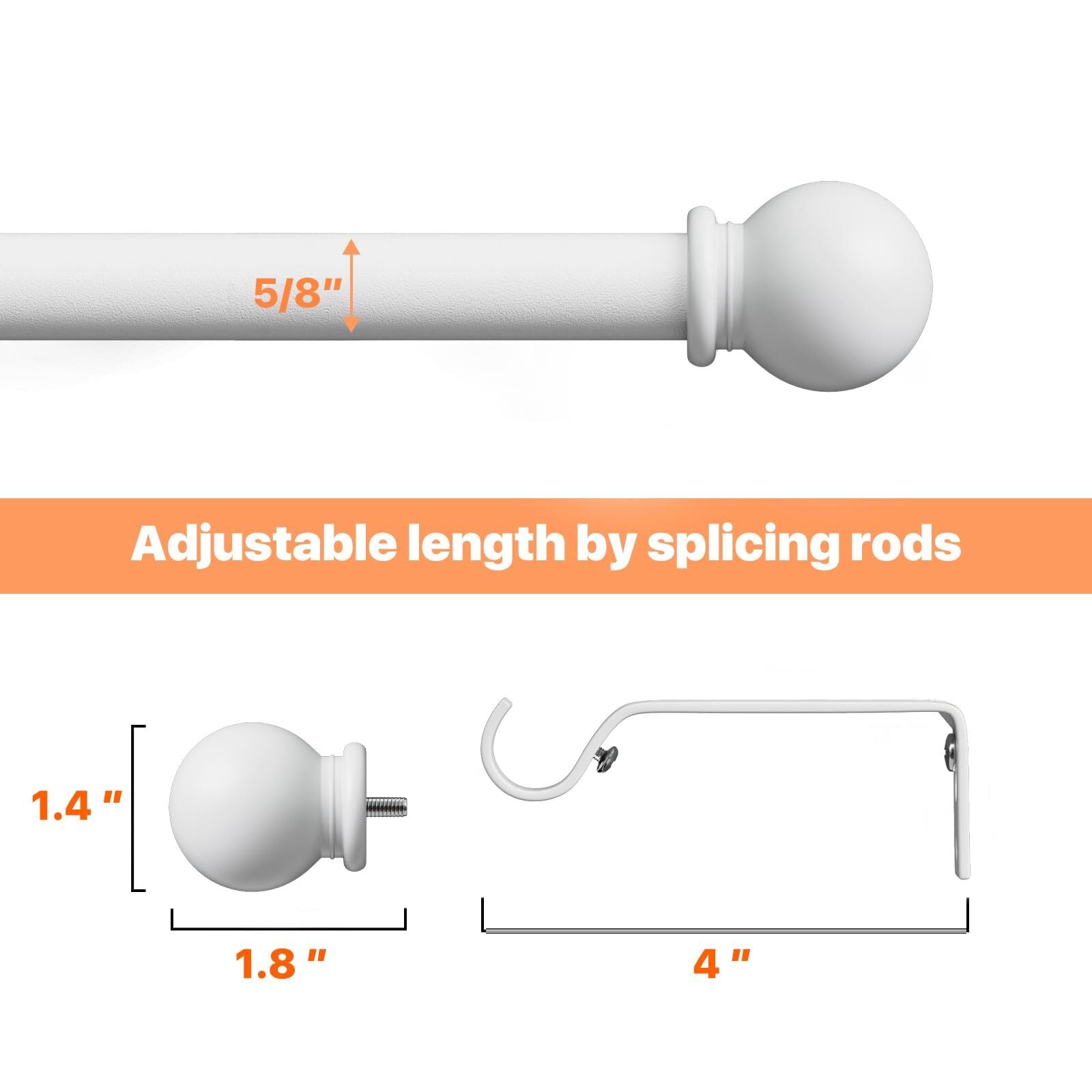 White Curtain Rods for Windows 28-48 Inch, 2 Pack 5/8" Curtain Rod Set with B...
