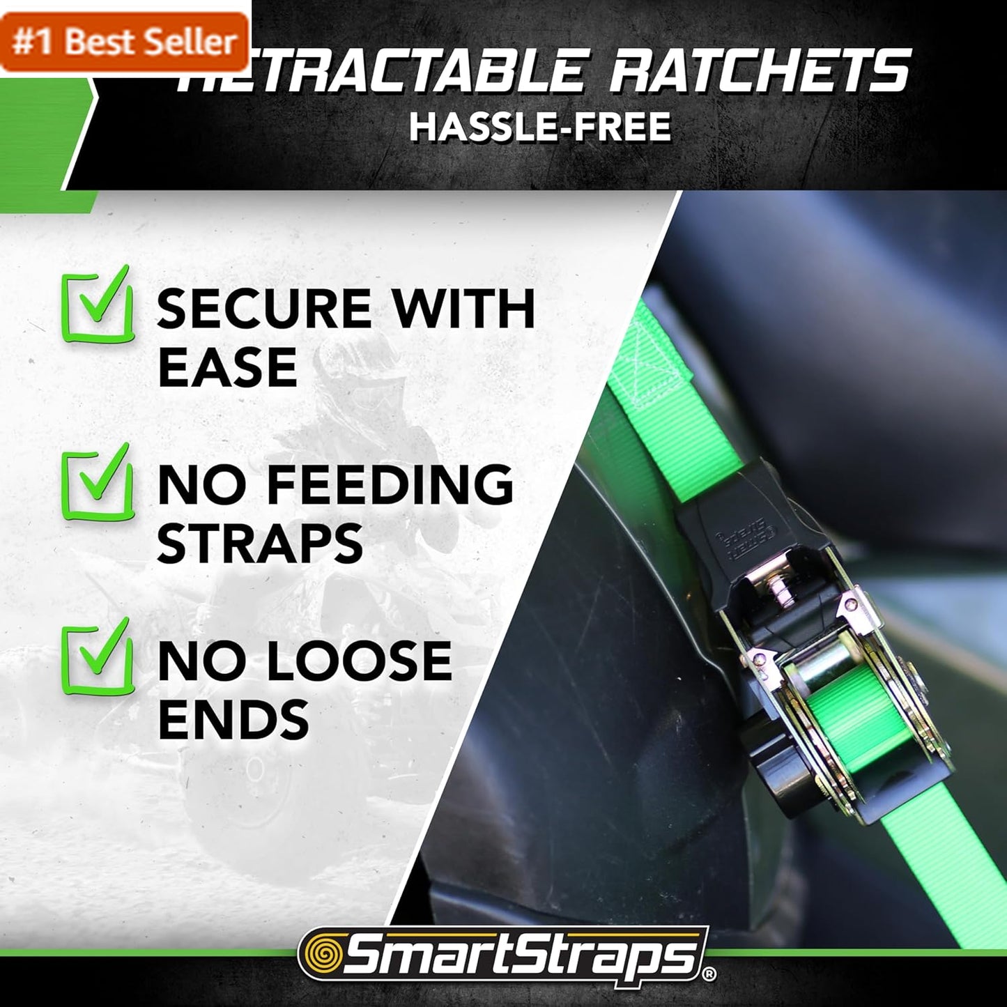 SMARTSTRAPS Retractable Ratchet Tie down Straps (4 PK) 1,500Lb Break Strength, 5