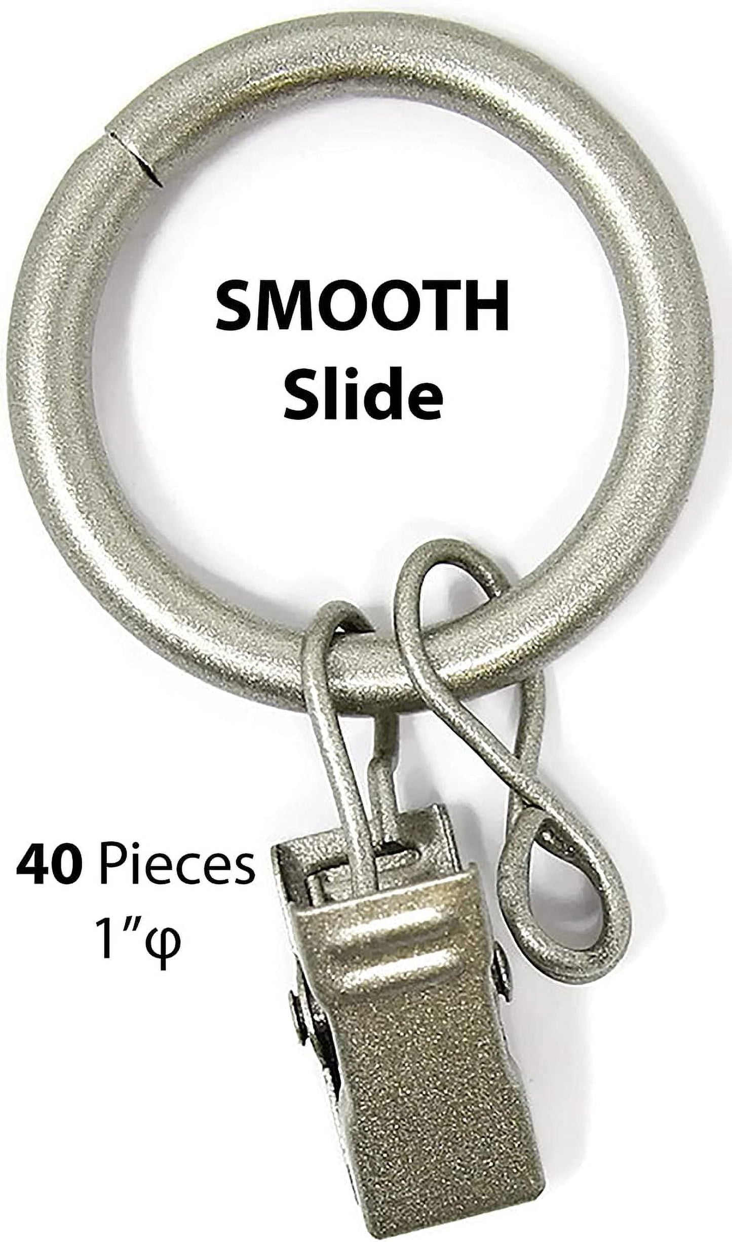 1" Metal Curtain Rod Rings with Clips and Eyelets, Fits up to 3/4″ Rod – Durable Drapery Rings for Smooth Gliding & Secure Grip, 40 Pieces, Pewter