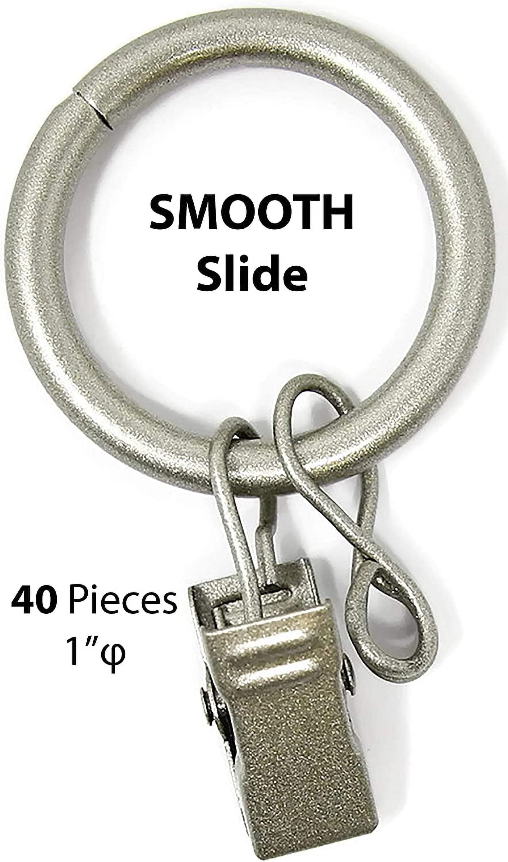 1" Metal Curtain Rod Rings with Clips and Eyelets, Fits up to 3/4″ Rod – Durable Drapery Rings for Smooth Gliding & Secure Grip, 40 Pieces, Pewter
