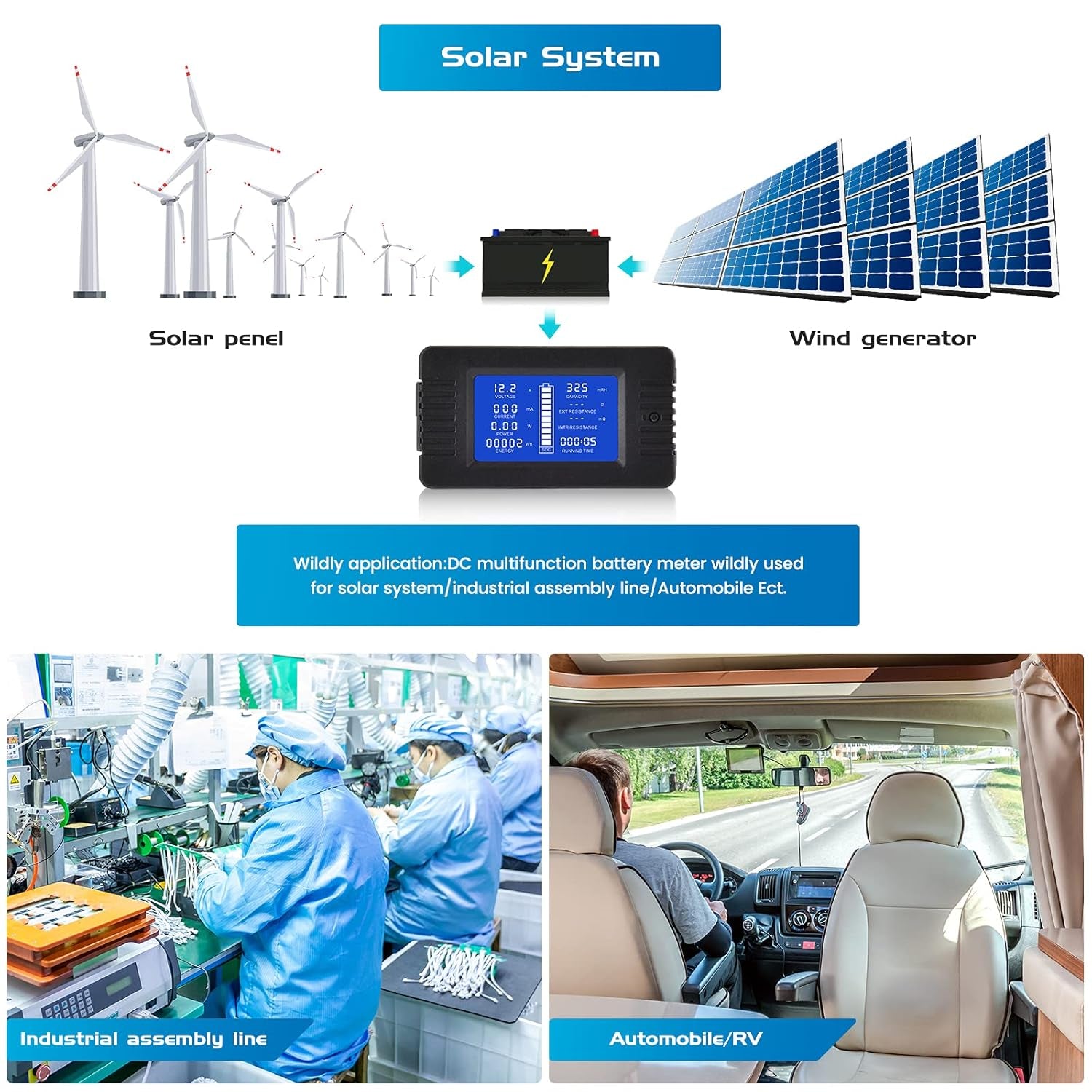 DC Multifunction Battery Monitor Meter with Shunt,0-200V,0-300A, LCD Display Digital Current Multimeter Voltmeter Ammeter for Cars RV Solar,Widely Applied to 12V/24V/48V Rv/Car Battery…