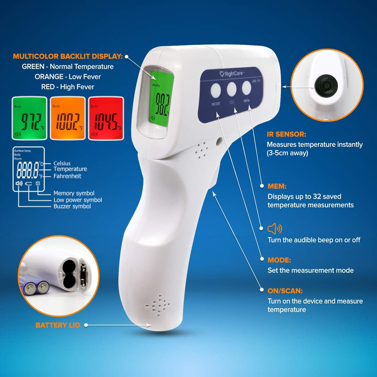 No-Touch Infrared Forehead Thermometer with Instant Results for School, Home, and Businesses, Case of 50