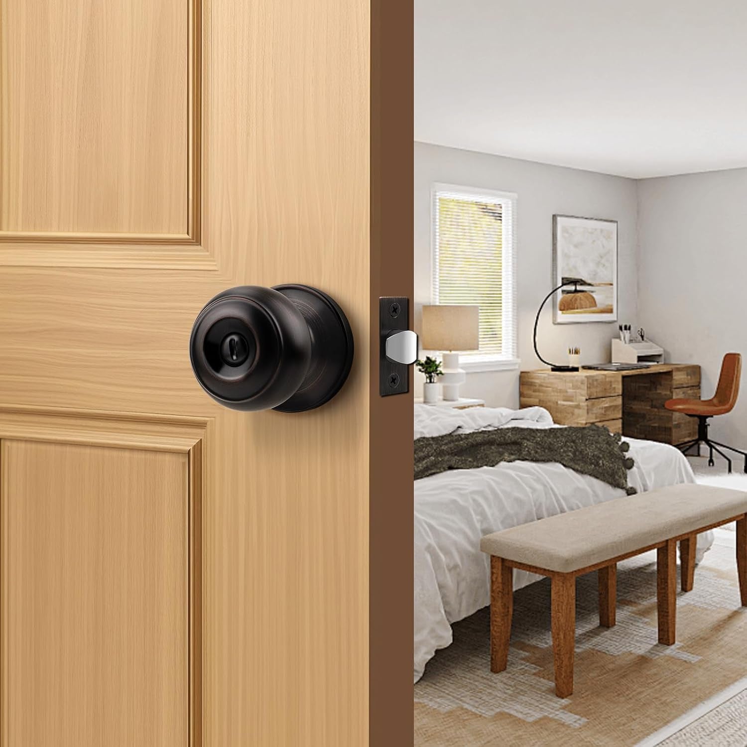 Flat Ball Door Knob Interior Oil Rubbed Bronze Door Knobs for Bedroom Bathroom with Privacy Function inside Door Handles without Key 2 Pack
