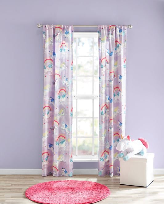 Print Room Darkening Curtain Panel Pair, Set of 2, Purple Unicorn, 30" W X 84"L