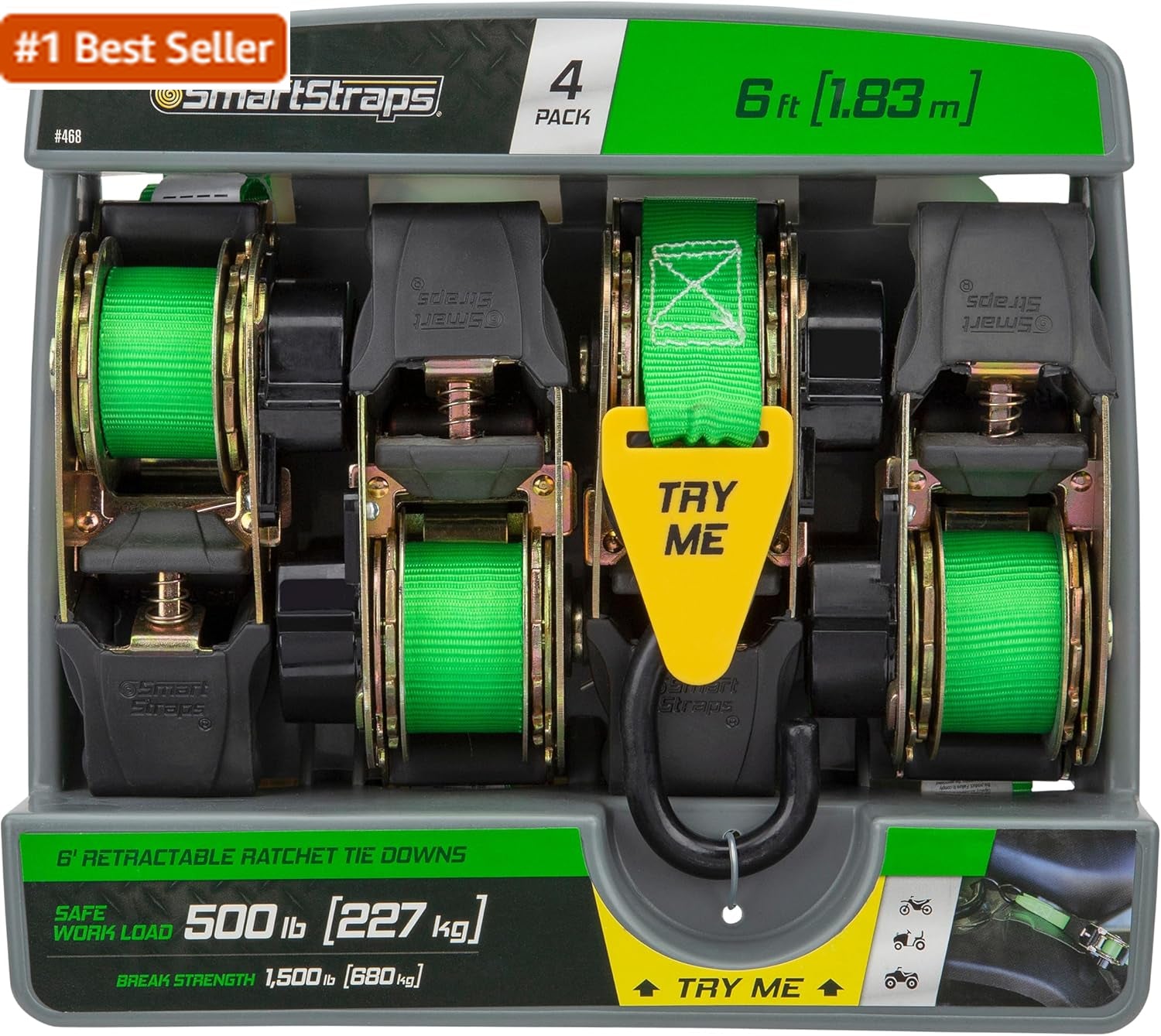 SMARTSTRAPS Retractable Ratchet Tie down Straps (4 PK) 1,500Lb Break Strength, 5
