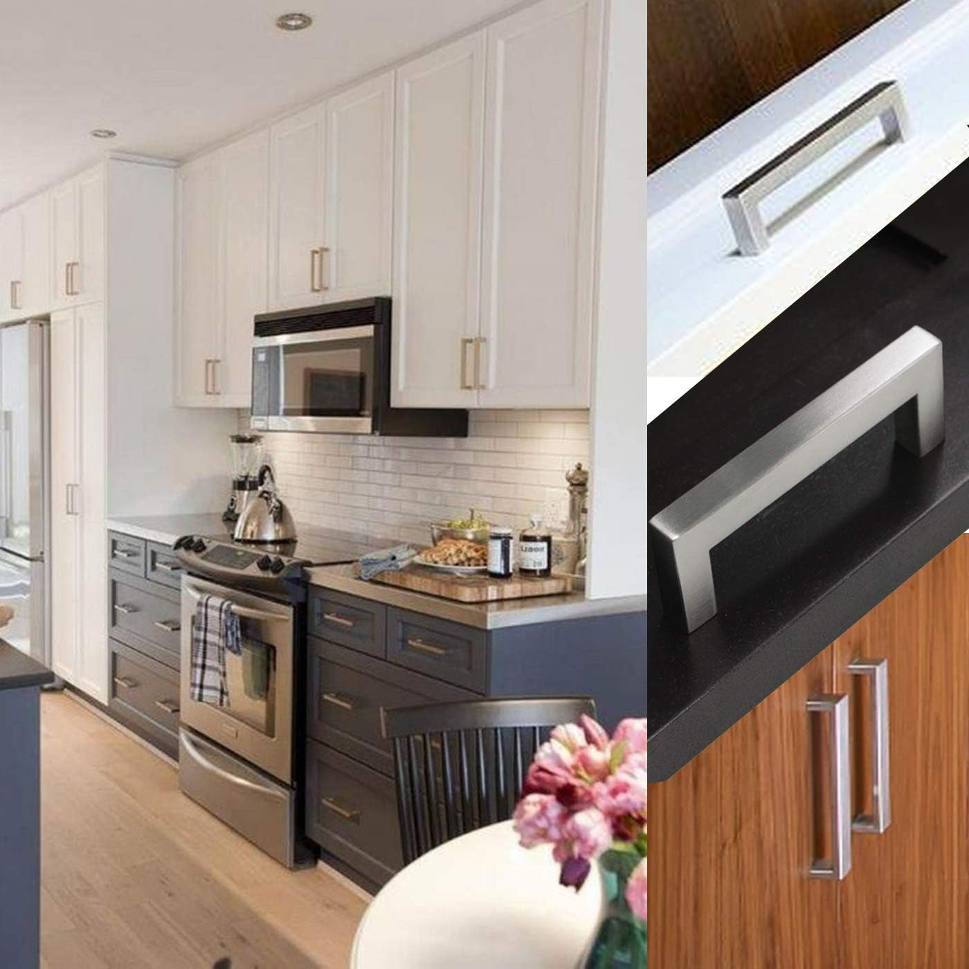6 3/10 Inch Cabinet Handles Brushed Nickel Drawer Pulls 30 Pack/Square Kitchen Cupboard Pulls Satin Nickel Finished 90Mm Hole Centers