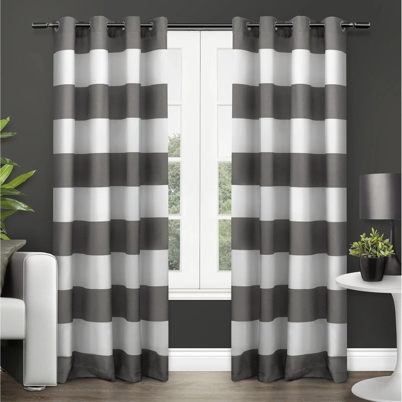 Surfside Cabana Stripe Cotton-Rich Grommet Top Light Filtering Curtain Panel Pair, 54"X84", Black Pearl