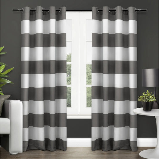 Surfside Cabana Stripe Cotton-Rich Grommet Top Light Filtering Curtain Panel Pair, 54"X84", Black Pearl