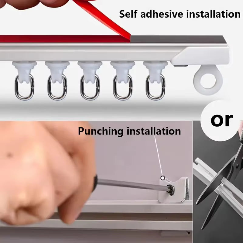 Self Adhesive or Perforated Dual-Purpose Curtain Track Ceiling or Wall Mount Nano Silent Curtain Slide Rod for Curtains and Cabi