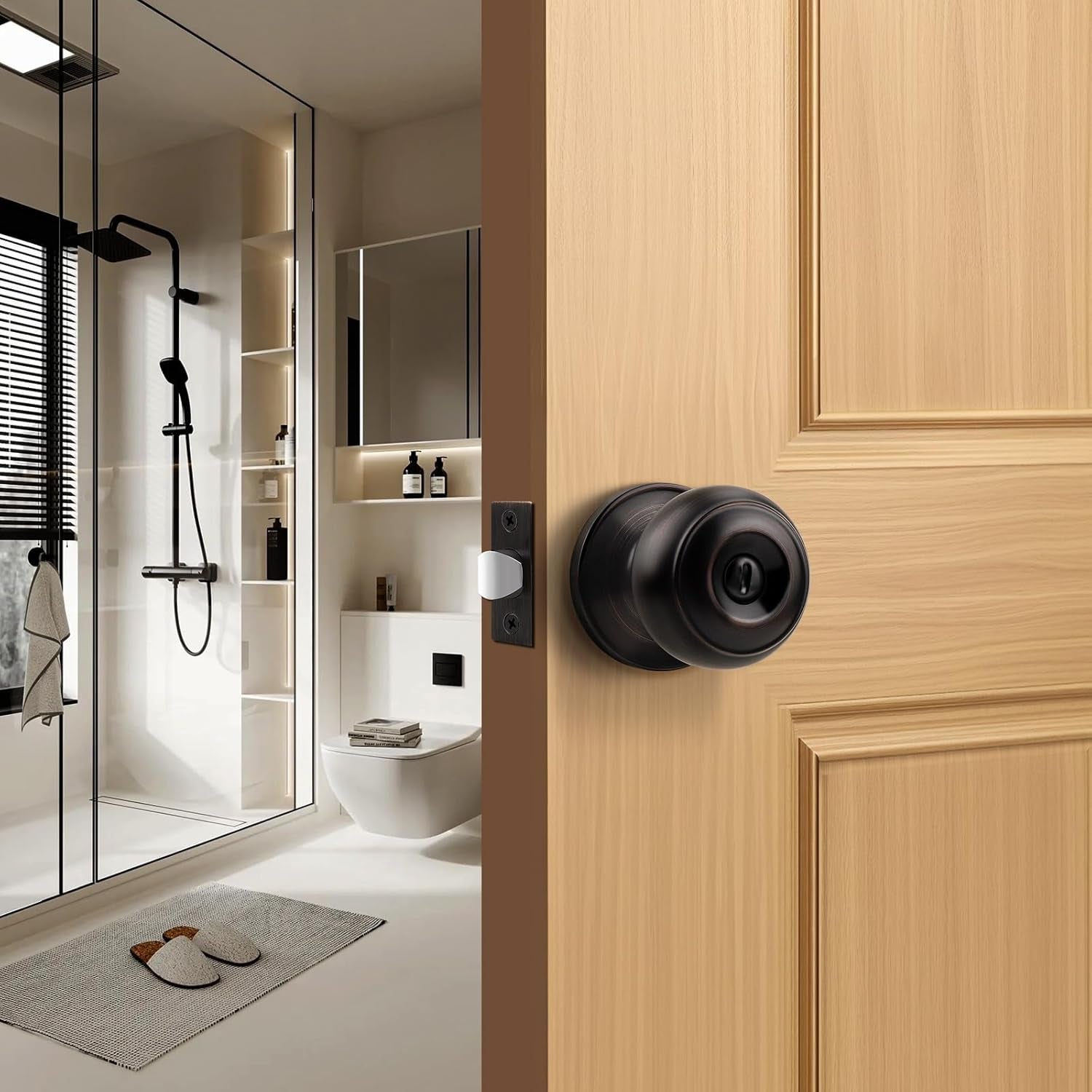 Flat Ball Door Knob Interior Oil Rubbed Bronze Door Knobs for Bedroom Bathroom with Privacy Function inside Door Handles without Key 2 Pack