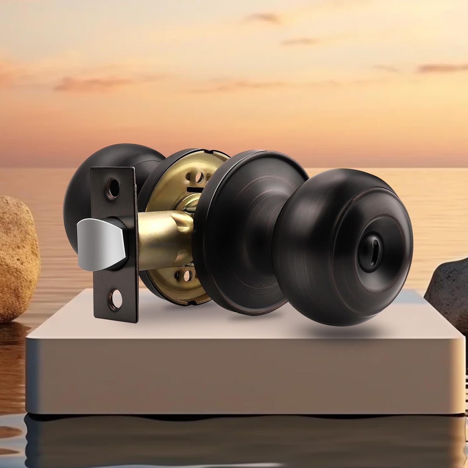 Flat Ball Door Knob Interior Oil Rubbed Bronze Door Knobs for Bedroom Bathroom with Privacy Function inside Door Handles without Key 2 Pack