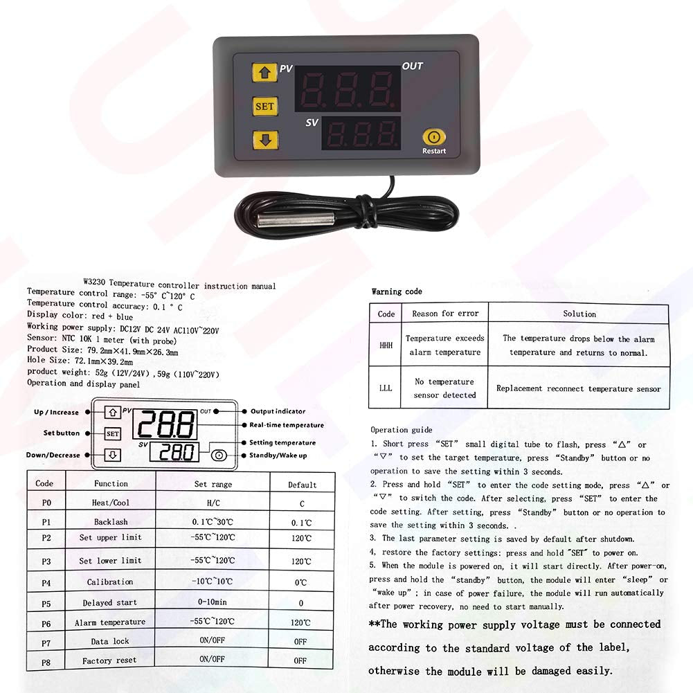 Digital Temperature Controller, W3230 AC110-220V LED Digital Temperature Controller Thermostat Switch Sensor Meter(220V)
