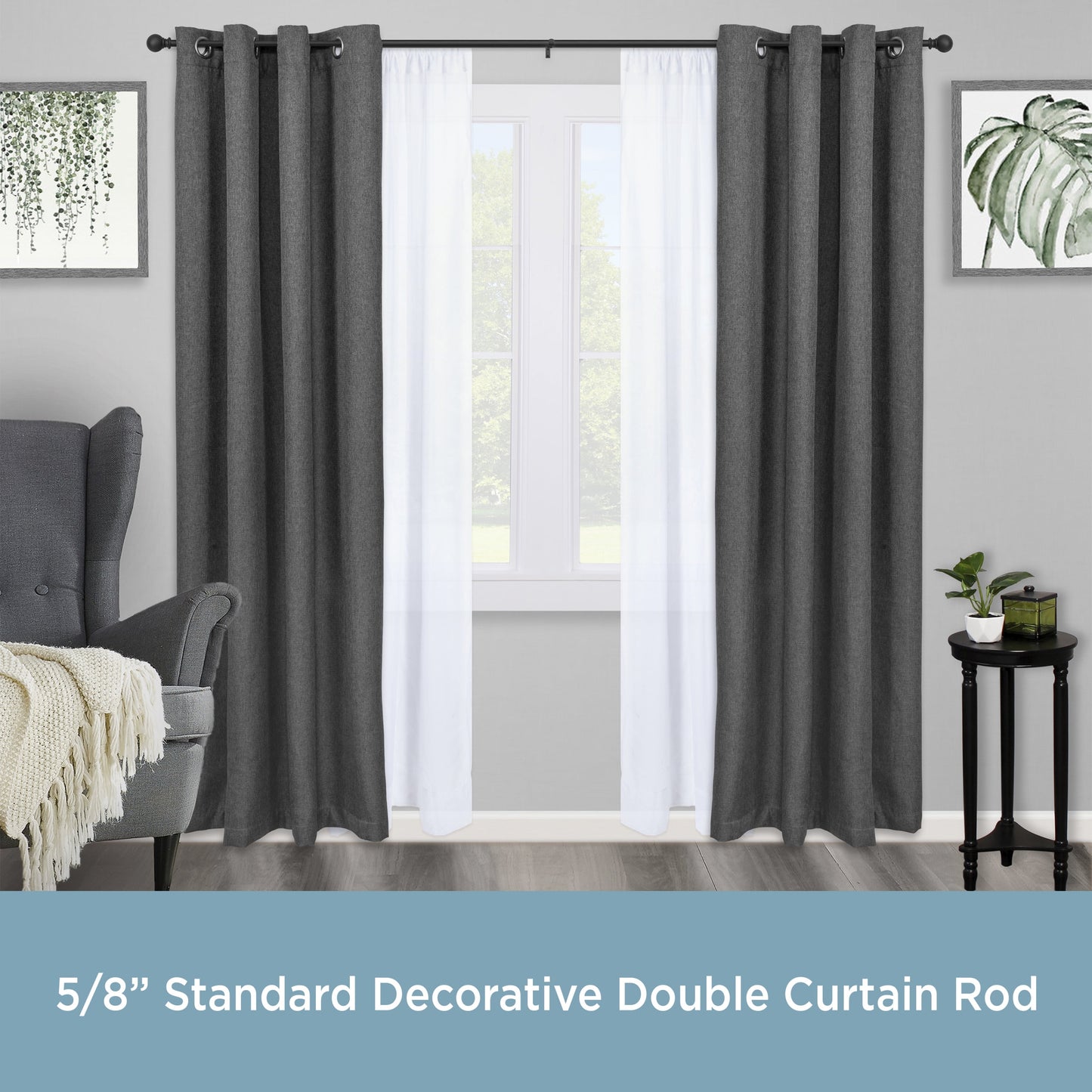 5/8" Matte Black Ball Double Curtain Rod, 66-120"