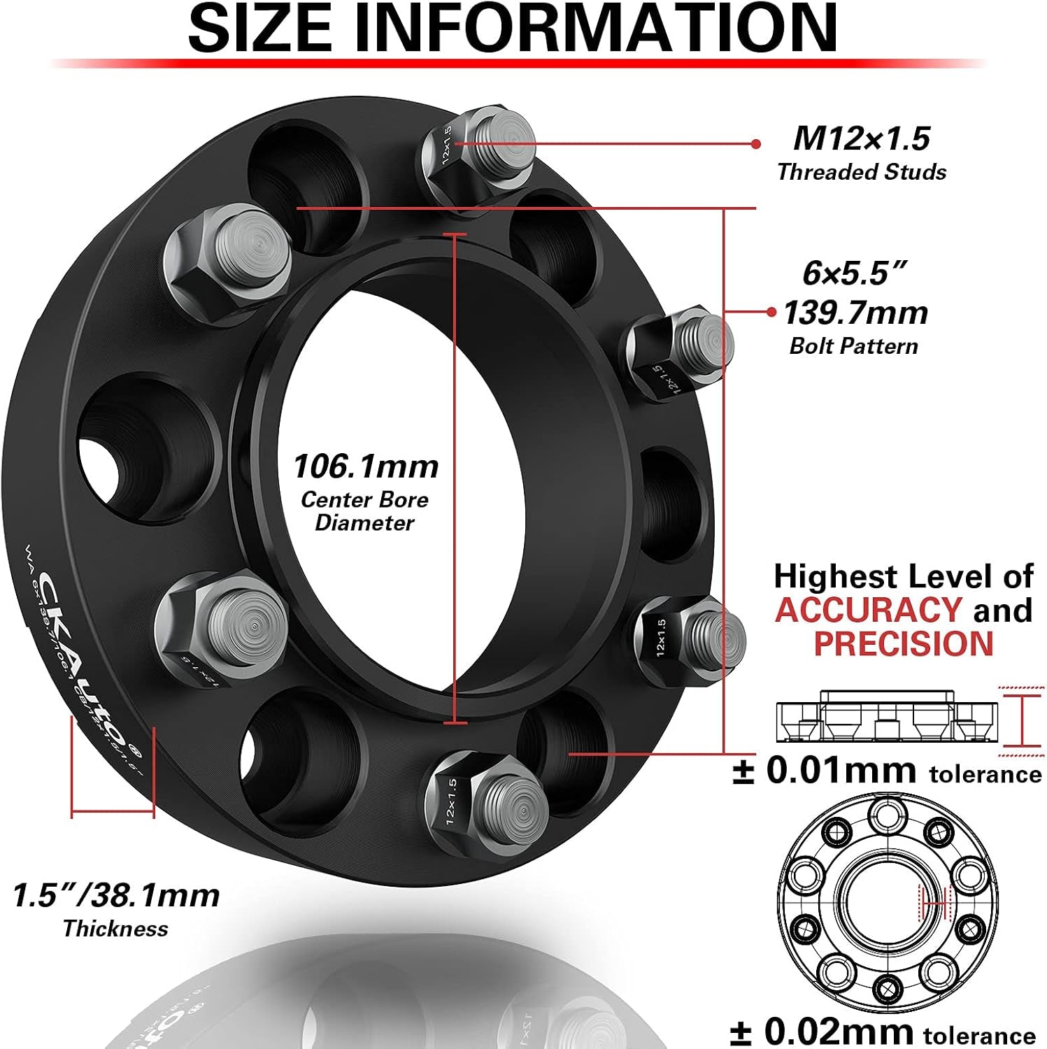2 Pack 6X5.5 Hub Centric Wheel Spacers, 1.50" 6X139.7Mm Wheel Spacers, 106.1Mm Center Bore with M12X1.5 Studs