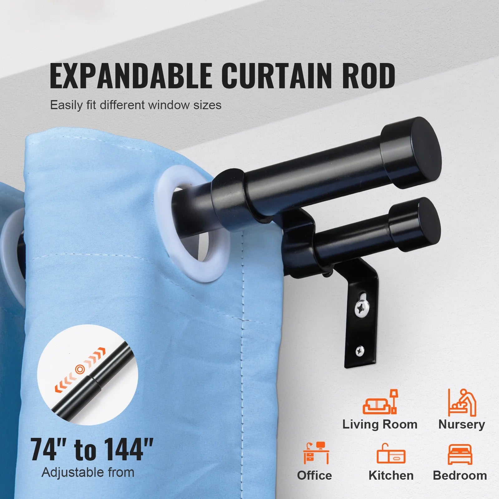 Double Curtain Rods for Windows 74 to 144 Inches(6-12Ft), Adjustable Telescoping Double Curtain Rod with with Cap Finials, 1" and 3/4" Diameter, Heavy Duty Double Drapery Rod for Sheer